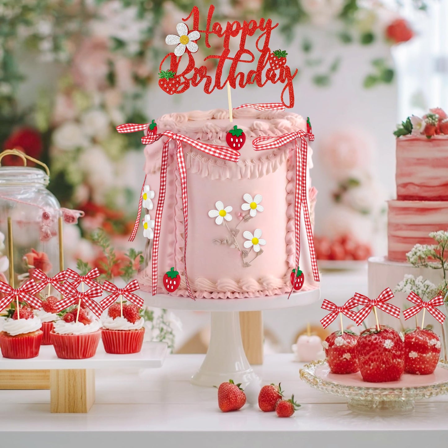 71PCS Strawberry Bow Cake Decorations Set Happy Birthday Strawberry Cake Topper and Cupcake Bows Decorations for Baby Shower Bridal Shower Graduation