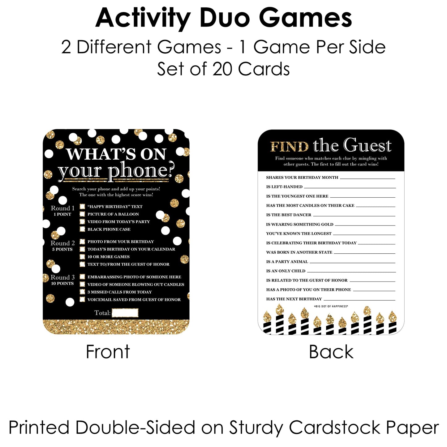Big Dot of Happiness Adult Happy Birthday - Gold - 2-in-1 Birthday Party Cards - Activity Duo Games - Set of 20
