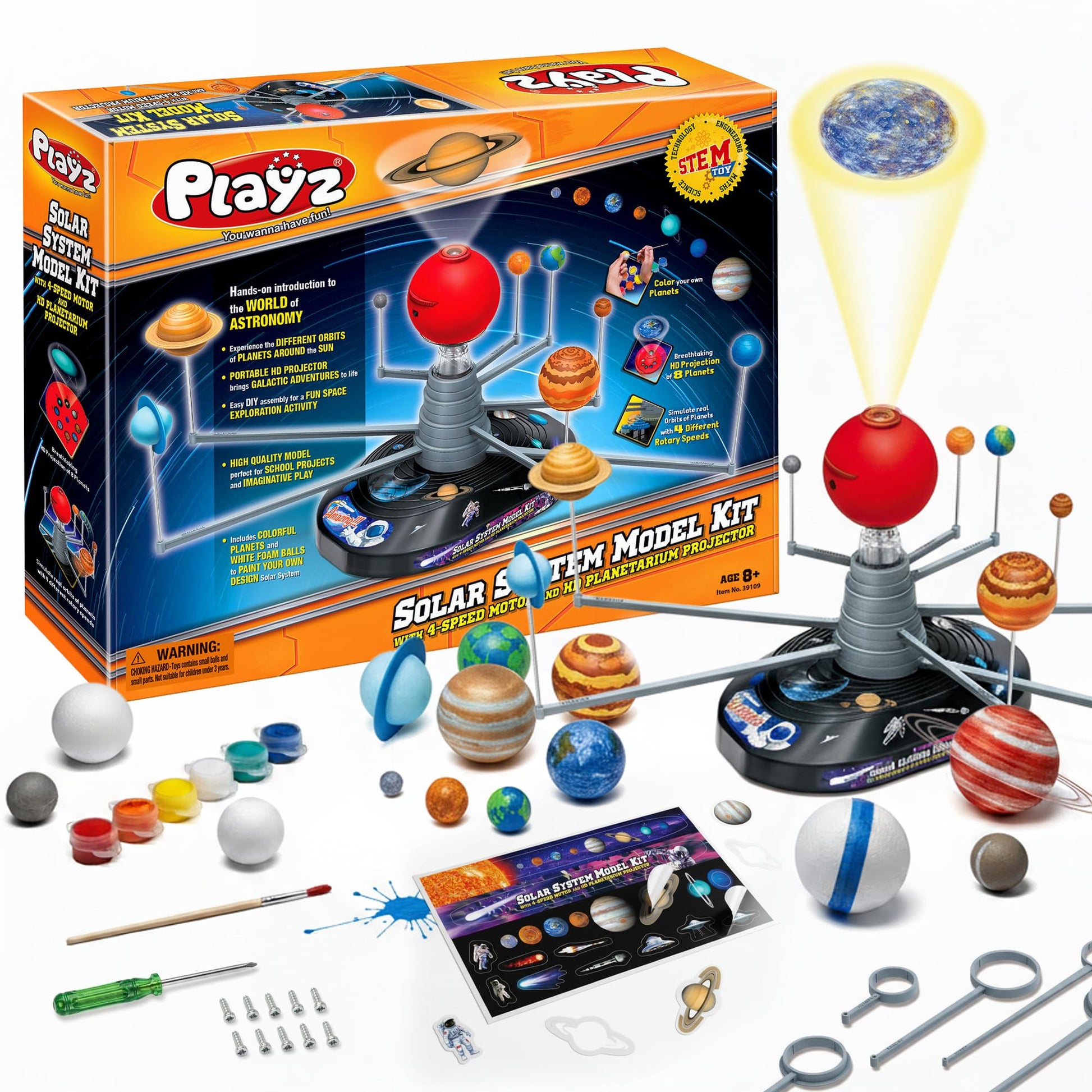 Playz Premium Solar System Model Kit for Kids - 4 Speed Motor, HD Planetarium Projector, 8 Painted Planets & 8 White Foam Balls with Paint and Brush