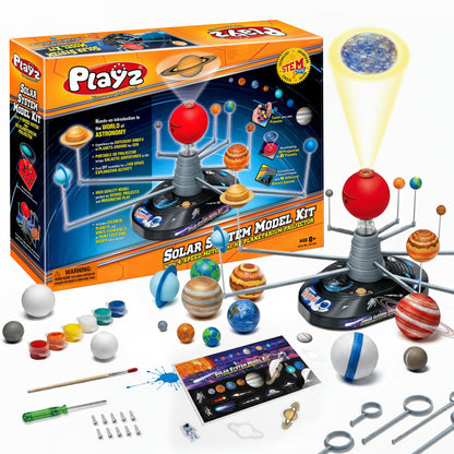 Playz Premium Solar System Model Kit for Kids - 4 Speed Motor, HD Planetarium Projector, 8 Painted Planets & 8 White Foam Balls with Paint and Brush