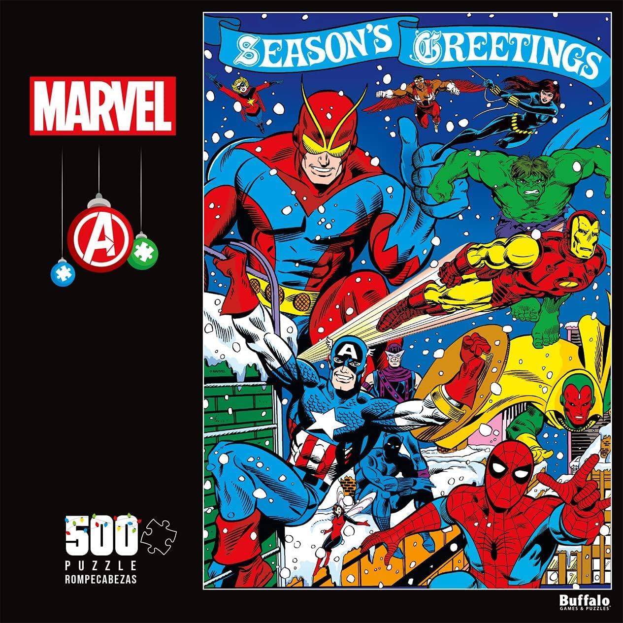 Buffalo Games - Marvel - Season's Greeting from The Avengers - 500 Piece Christmas Jigsaw Puzzle - Festive Holiday Puzzles for Adults - Precision-Cut