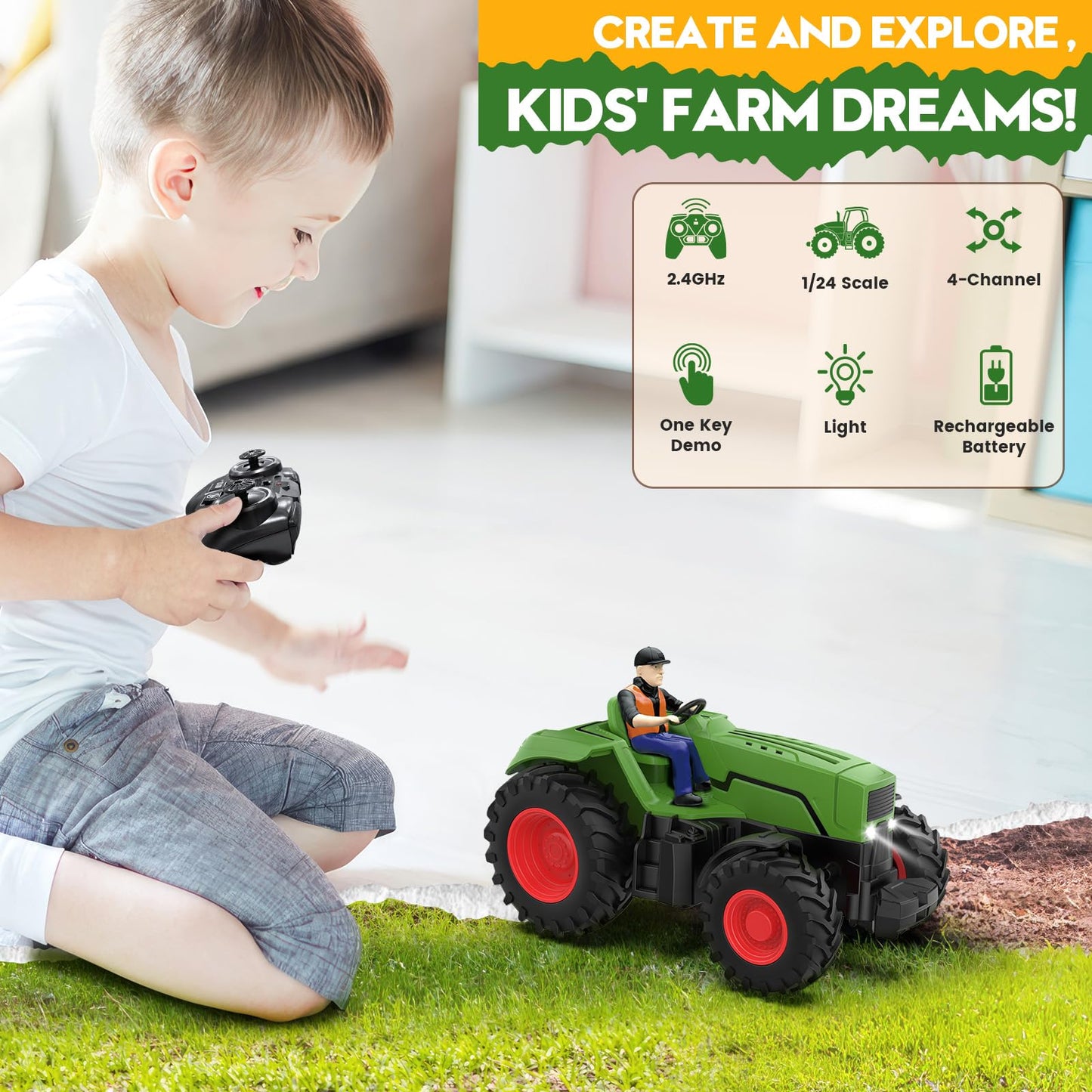 Uarzt Remote Control Tractor Toys for Kids 3-5, RC Tractor Toy with Farmer & Light,1:24 Scale, Rechargeable Farm Toy Tractor for Toddler Toy Set