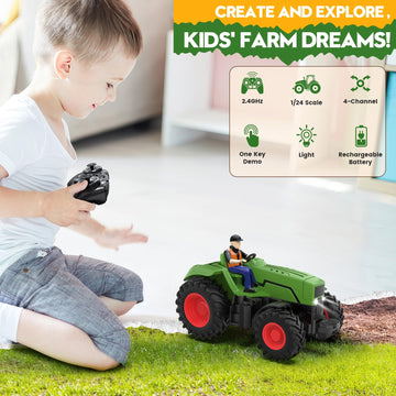 Uarzt Remote Control Tractor Toys for Kids 3-5, RC Tractor Toy with Farmer & Light,1:24 Scale, Rechargeable Farm Toy Tractor for Toddler Toy Set