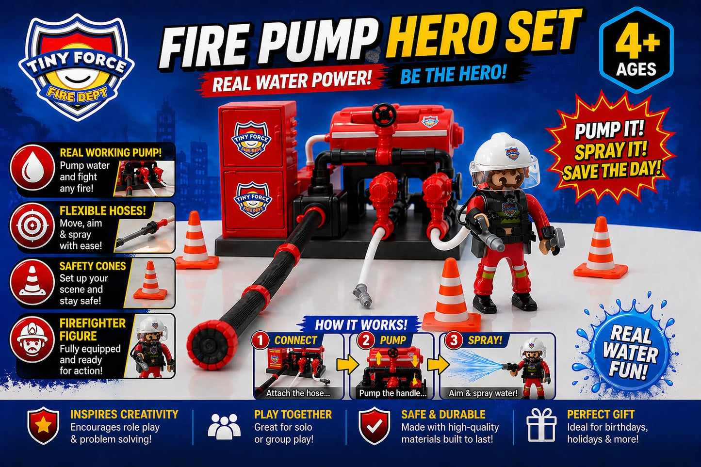 Tiny Force Fire Water Pump Accessory - Firefighter Rescue Toy for Toddler Boys, Play Figure Pump Accessory for Firefighter Playsets
