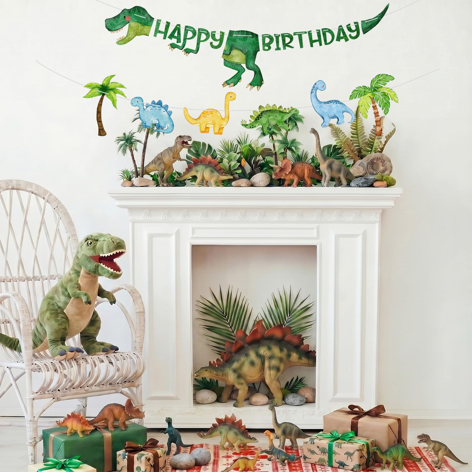Dinosaur Birthday Decorations Banner - DIY Paper Happy Birthday Banners, Green Animal Dino Bday Sign Garland Backdrop for Dinosaur Themed Indoor