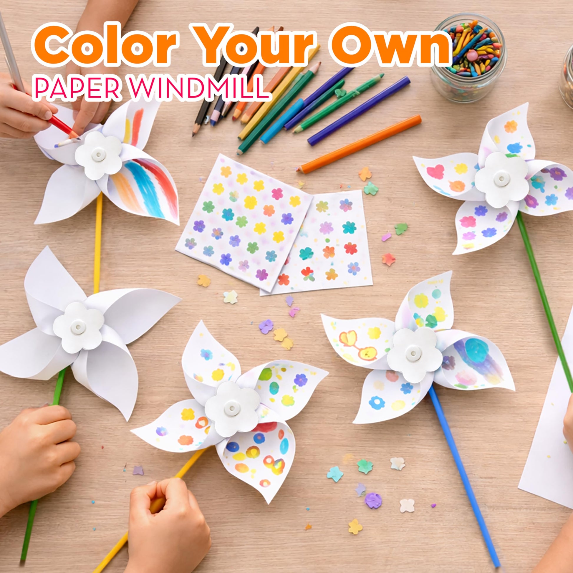 4E's Novelty 24 Pack DIY Pinwheels Craft for Kids, Bulk Summer Pinwheel Craft Kit, Color Your Own Paper Windmill Patriotic Pinwheels for Kids Bulk 4th