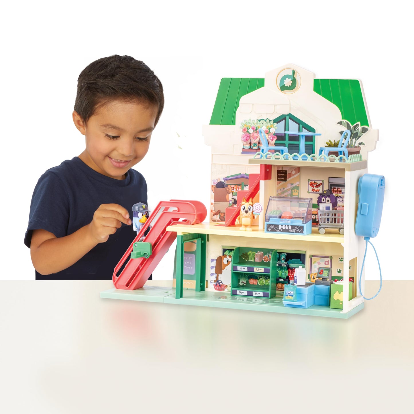 Bluey and Bingo Supermarket Playset, Escalator & Sounds, 15 Pieces