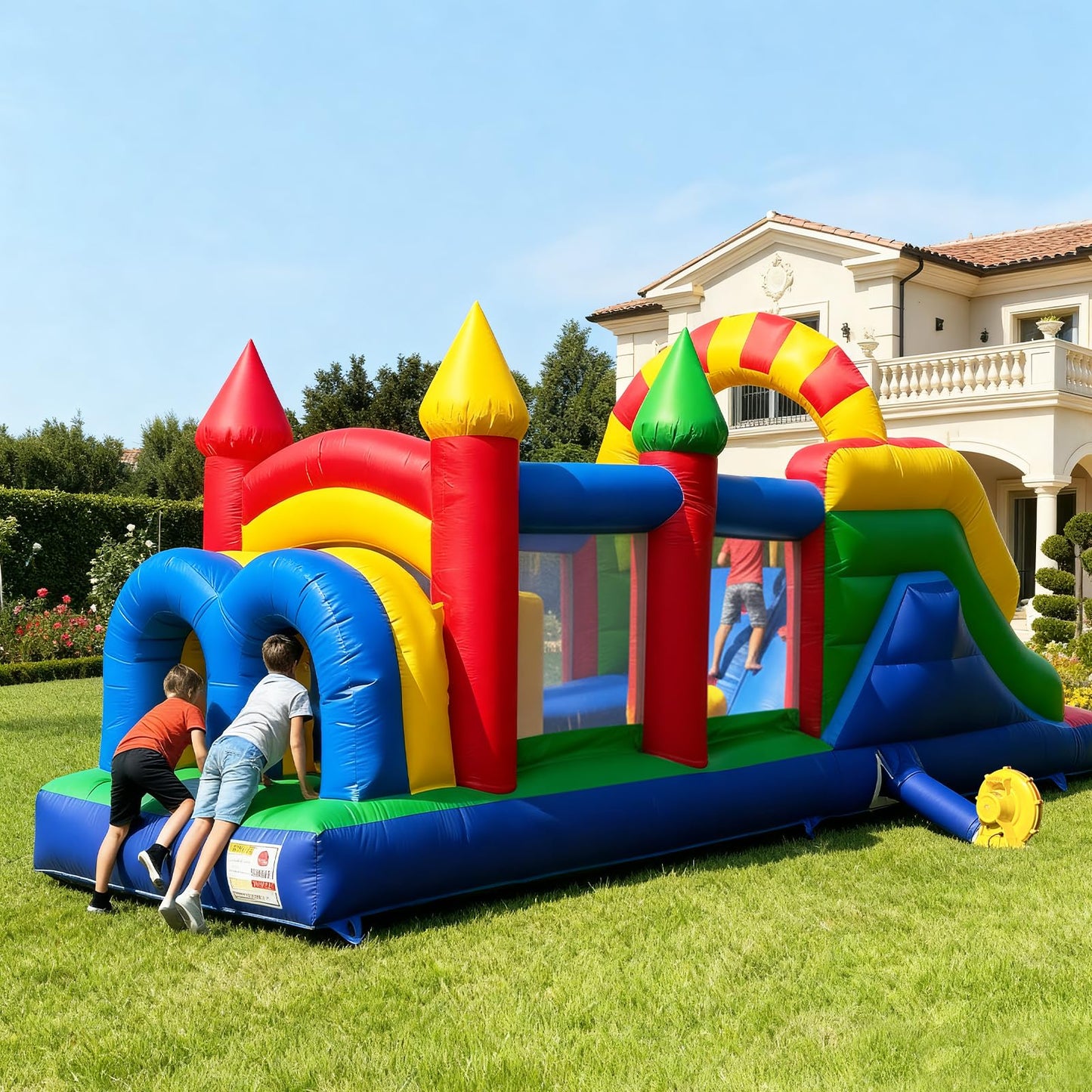 GR8FUN 26FT Inflatable Obstacle Course, Castle Bounce House with Blower, PVC Inflatable Obstacle Course with Tunnel & Slide, Jumping Bouncer for Home
