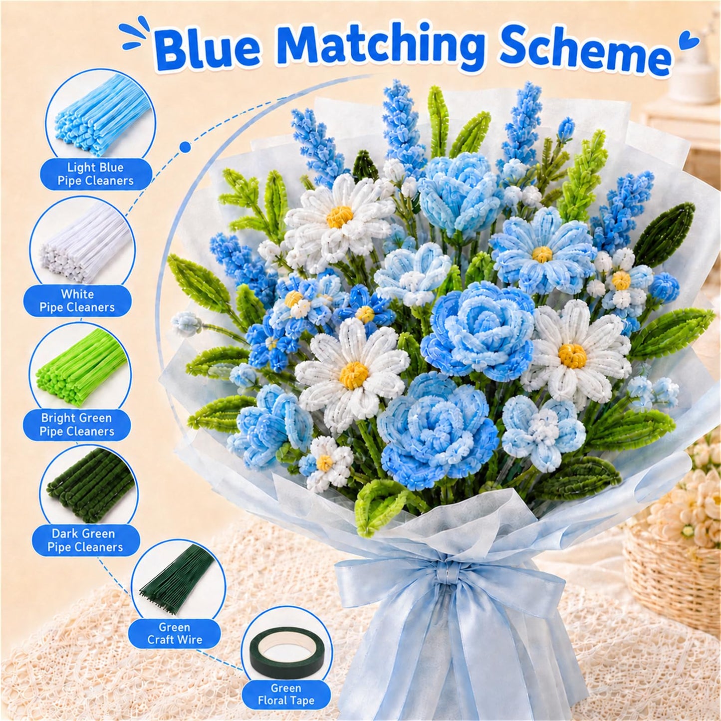 OkayRose 800 PCS Pipe Cleaners Craft, Pipe Cleaner Flower Kit with 13 Colors Chenille Stems, DIY Art and Craft Supplies for Kids & Adults, Colorful
