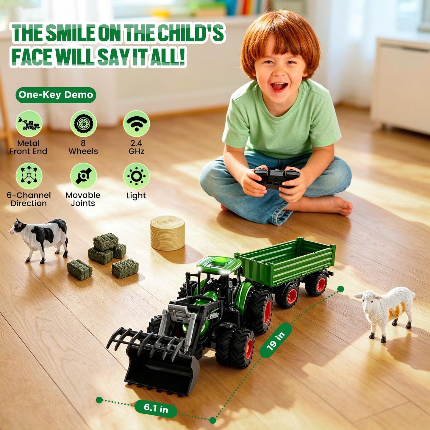 Remote Control Tractor Toys for Boys | Metal Hood & 8 Rubber Tires, 1:24 Scale 2.4 GHz RC Truck Farm Vehicle Playset with Detachable Trailer, Front