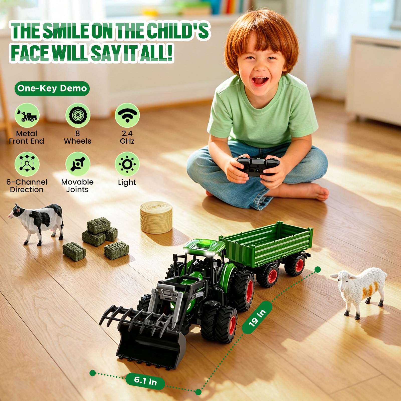Remote Control Tractor Toys for Boys | Metal Hood & 8 Rubber Tires, 1:24 Scale 2.4 GHz RC Truck Farm Vehicle Playset with Detachable Trailer, Front
