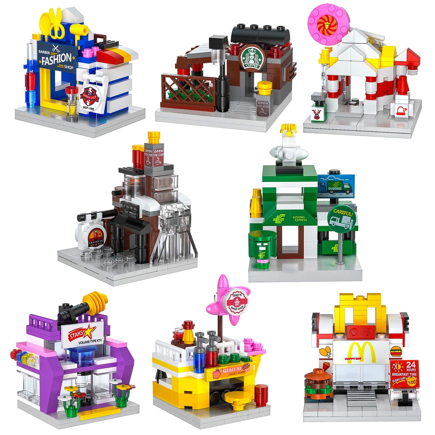 ZornRC 8 Packs Mini City Shop Street View Building Blocks Kit,MOC Construction Creative Educational Kit with Hair Salon & Café Store,Girls Boys Dream