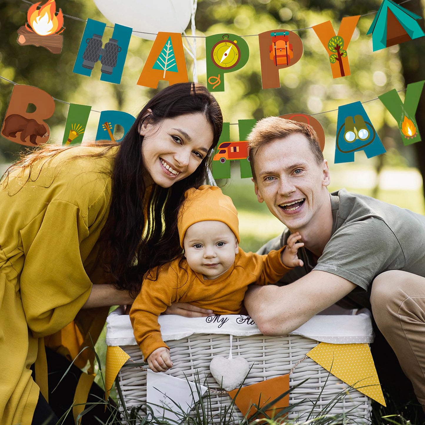 BIEUFBJI Camping Happy Birthday Banner - Outdoor Yard Campsite Decor, Fun House Banner with Campfire Tent Oil Lamp Adventure Camping Birthday Party