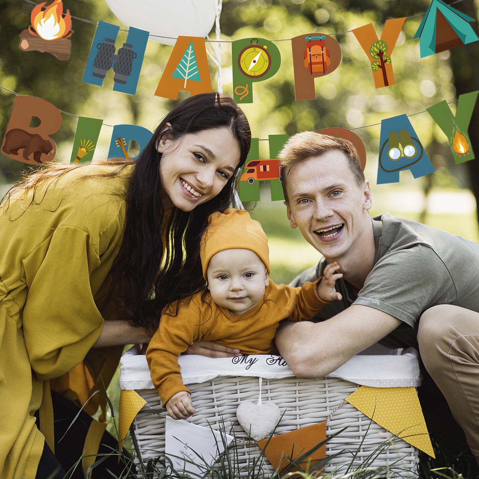 BIEUFBJI Camping Happy Birthday Banner - Outdoor Yard Campsite Decor, Fun House Banner with Campfire Tent Oil Lamp Adventure Camping Birthday Party
