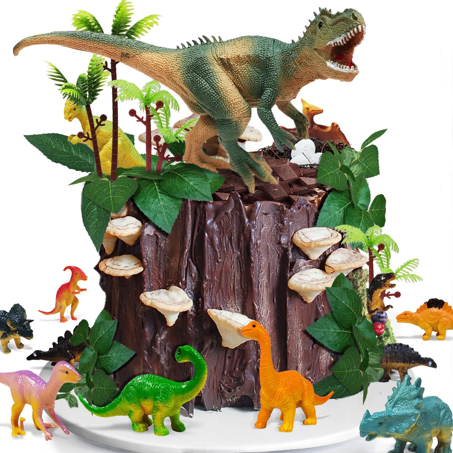GLAHORSE 26 PCS Dinosaur Cake Toppers With Dinosaur Eggs Leaves Trees Cake Decorations For Birthday Party,dinosaur Themed party, Wild Animals