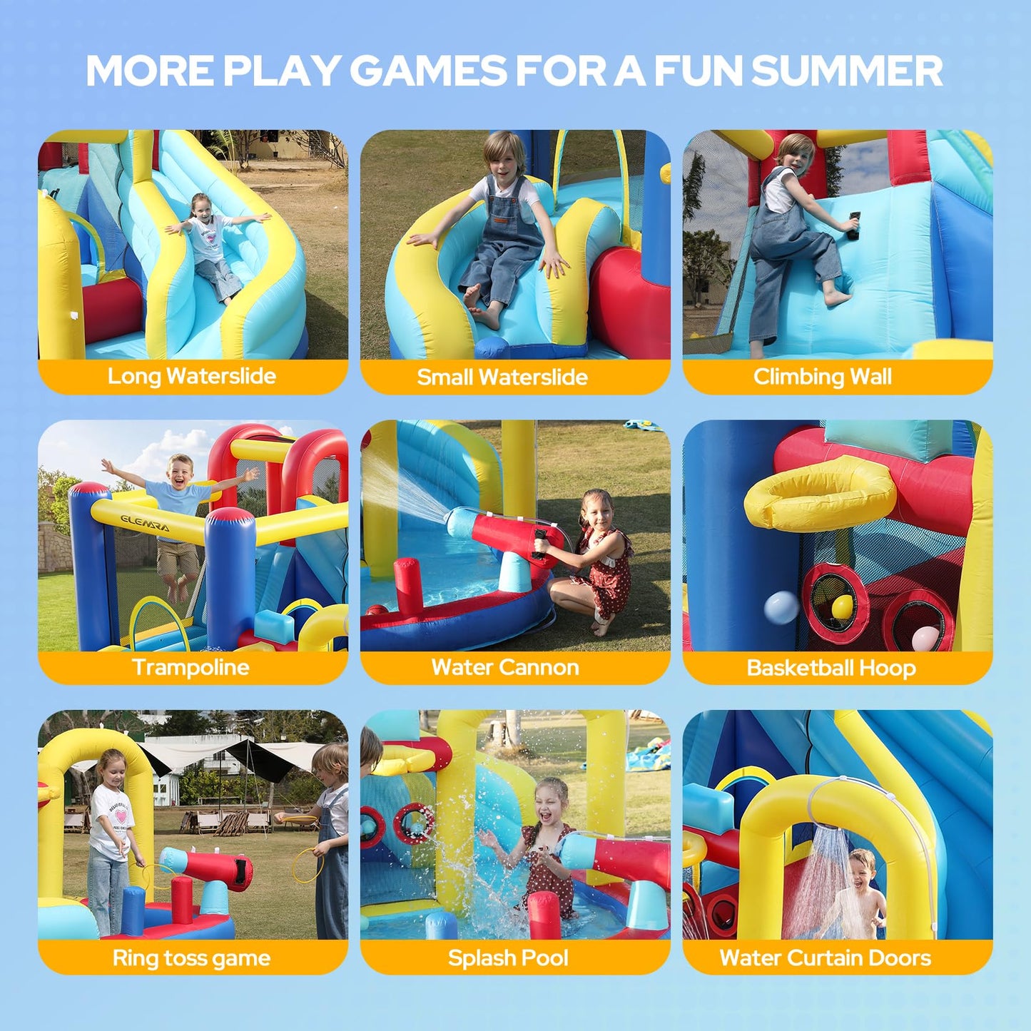 ELEMARA 10 in 1 Inflatable Water Slide Bounce House, Inflatable Bounce House with Blower, Dual Slides & Climbing Walls & Ring-toss Game & 2 Water