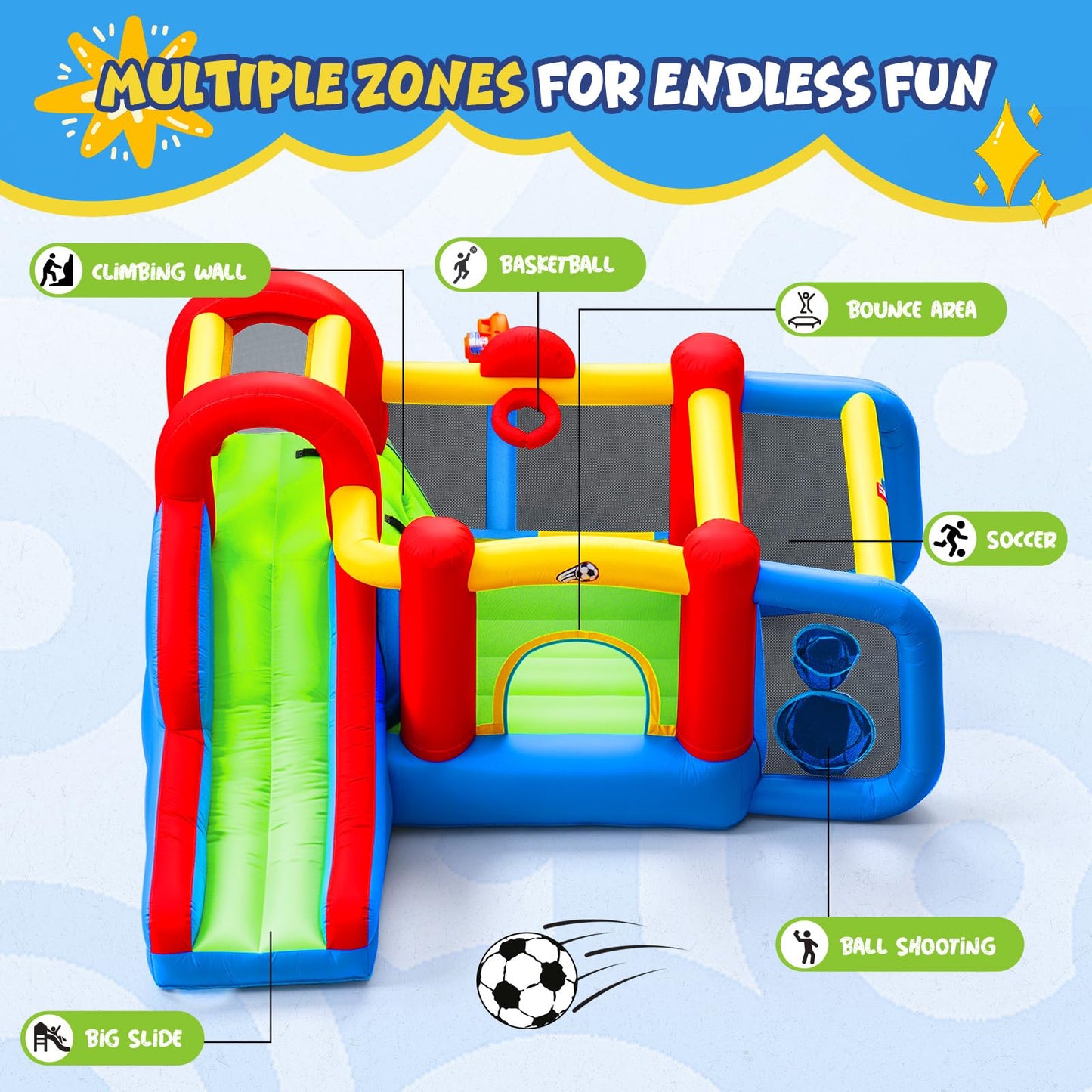 Inflatable Bounce House for Kids | 6 in 1 Play Mode Inflatable Jump House, Outdoor/Indoor Bouncy House with Blower, Jump Bounce House with Slide