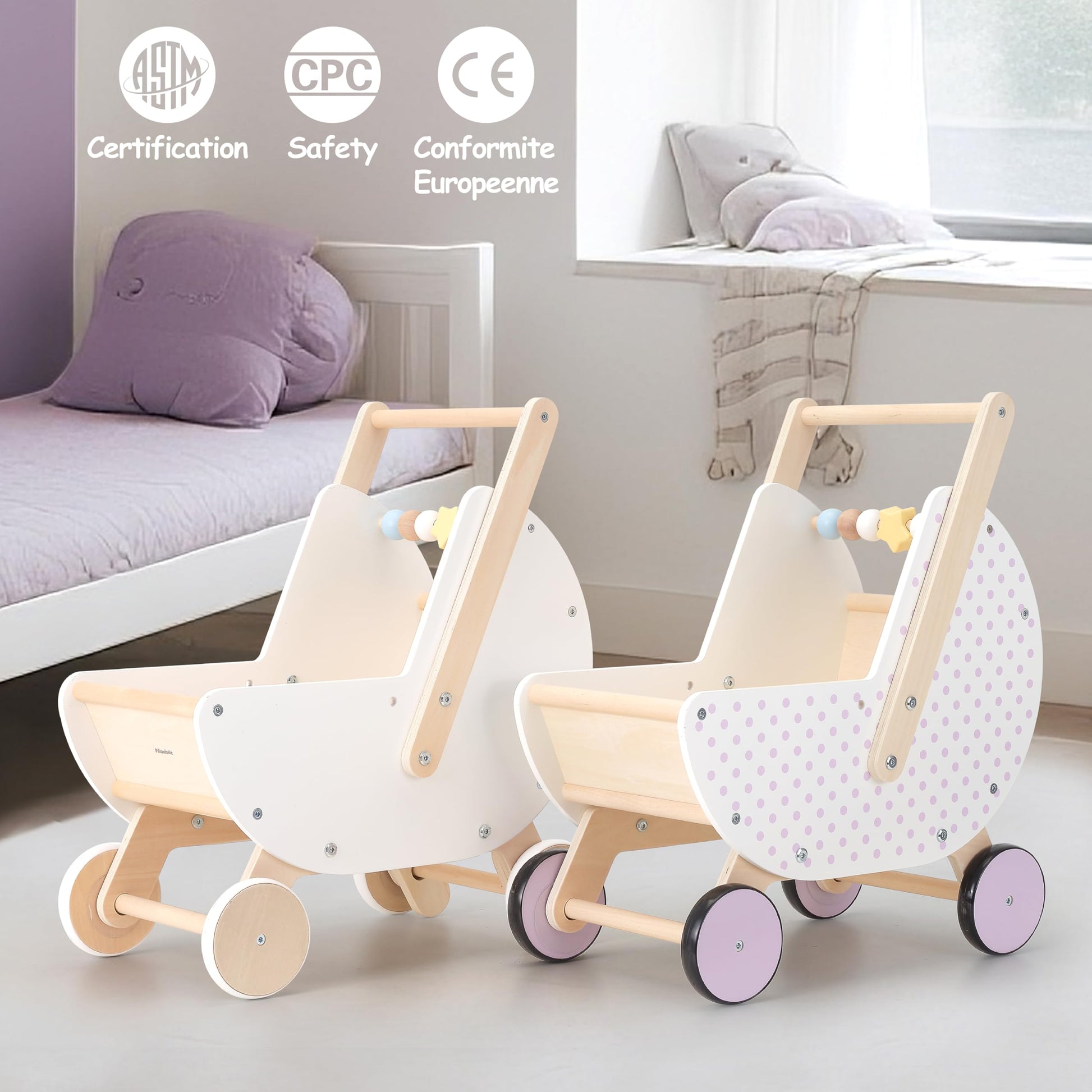 Pillowhale Wooden Baby Walker & Doll Stroller - Adjustable Handle Push Cart, Anti?Tip, Quiet Wheels, Pretend Shopping Cart - Montessori Wooden Walker