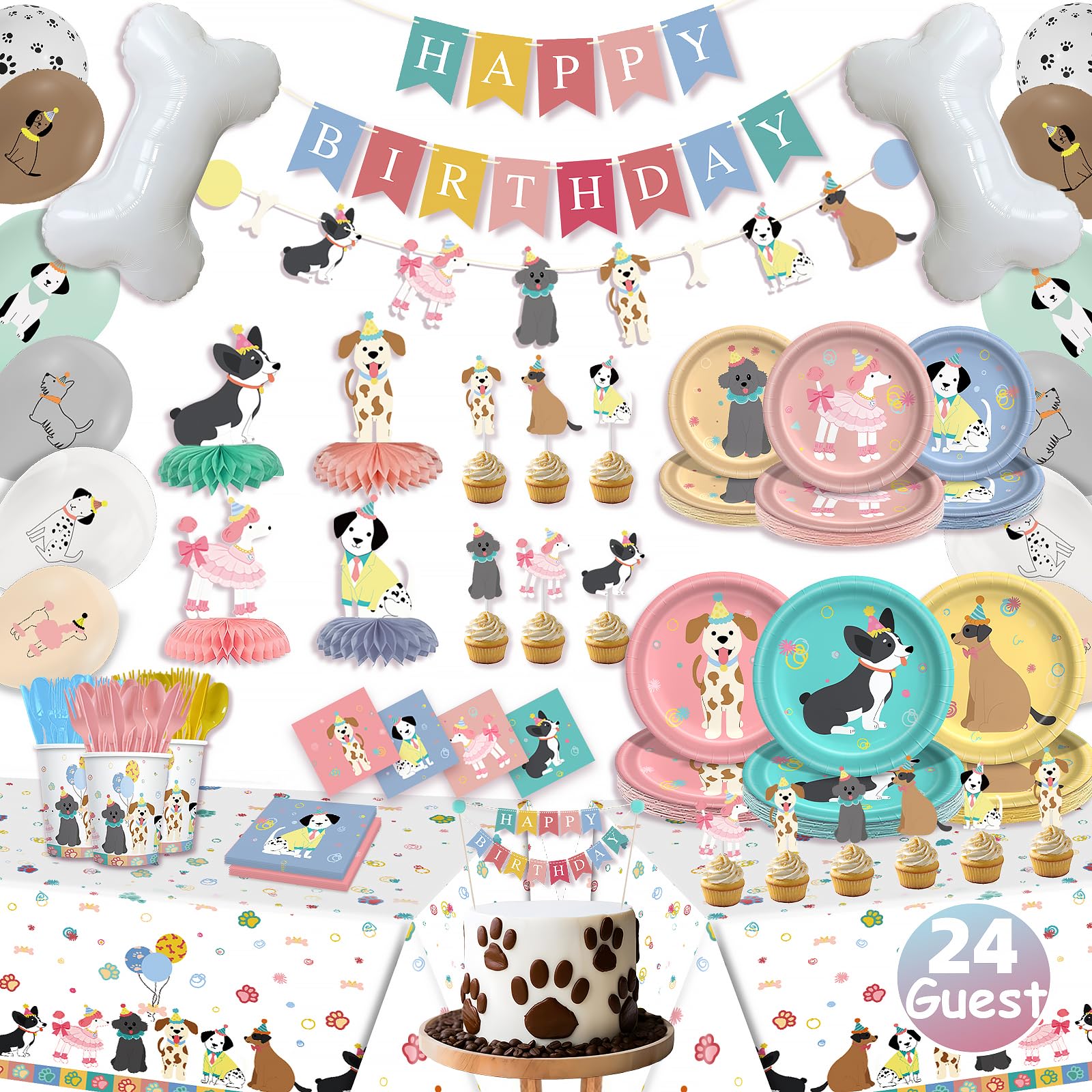 Dog Birthday Party Decorations, Fanvoes Dog Theme Decor Set Happy Birthday Banner Plates and Napkins Party Supplies Puppy Tablecloth Paw Balloons