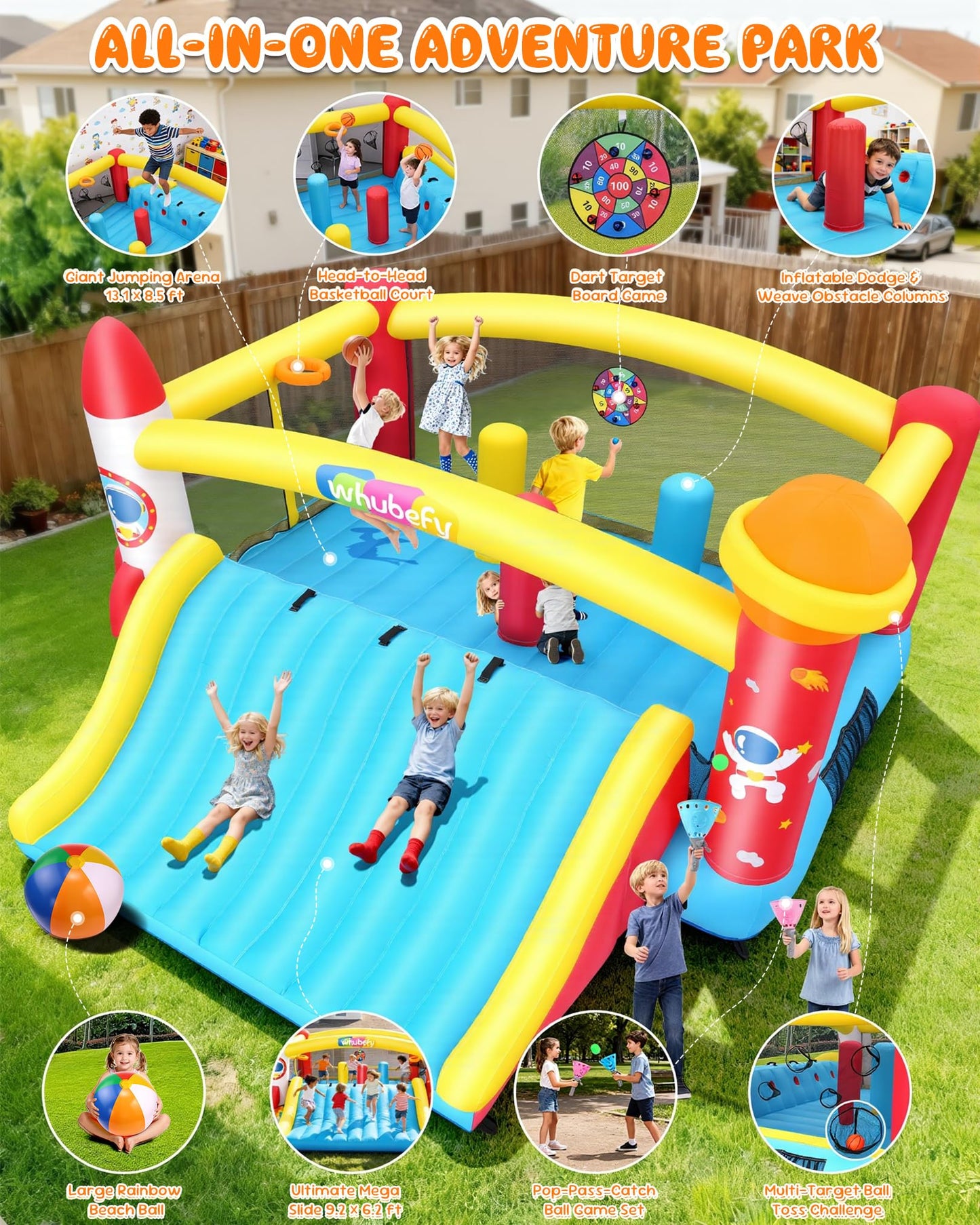 Inflatable Bounce House with Mega Elevated Slide for Big Kids 3-12 Space Rocket Bouncy Castle Play Center with 3 Dodge & Weave Obstacle Course Column