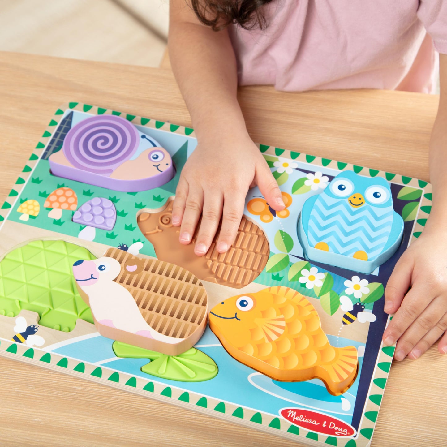 Melissa & Doug Forest Friends Touch & Feel Wooden Puzzle, 5-Piece Chunky Toddler Puzzles with Animals & Textured Silicone Puzzle Board Inlays,