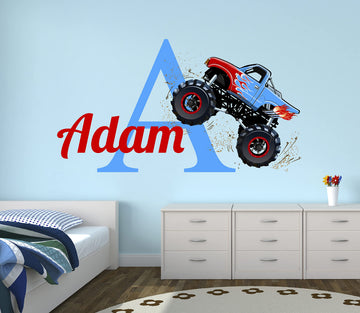 Decalzone Inc Personalized Monster Truck Wall Decal - Monster Truck Wall Decor - Nursery Monogram Truck Theme Kids Bedroom Decor Baby Boy Room Vinyl