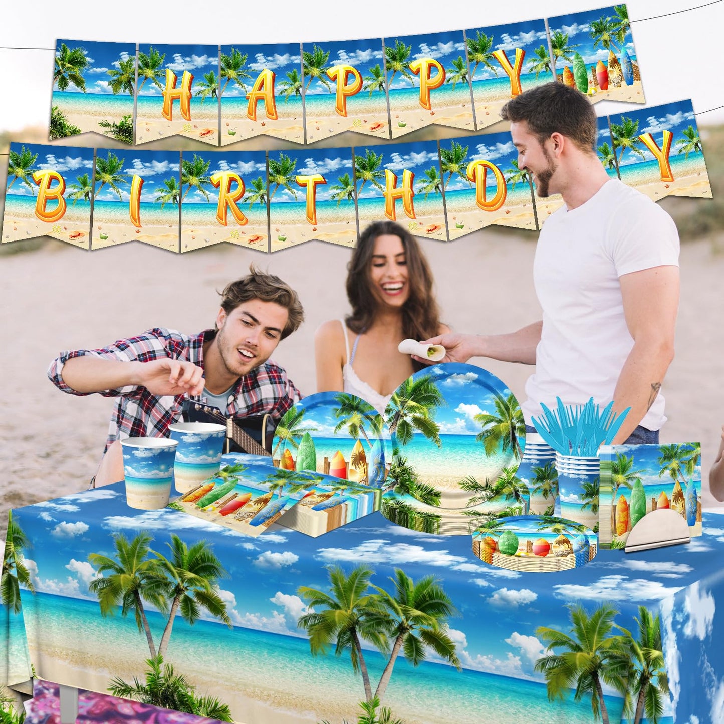 Beach Birthday Party Decorations, 142PCS Beach Party Paper Plates Napkins Tablecloth for Summer Tropical Hawaiian Party Decorations