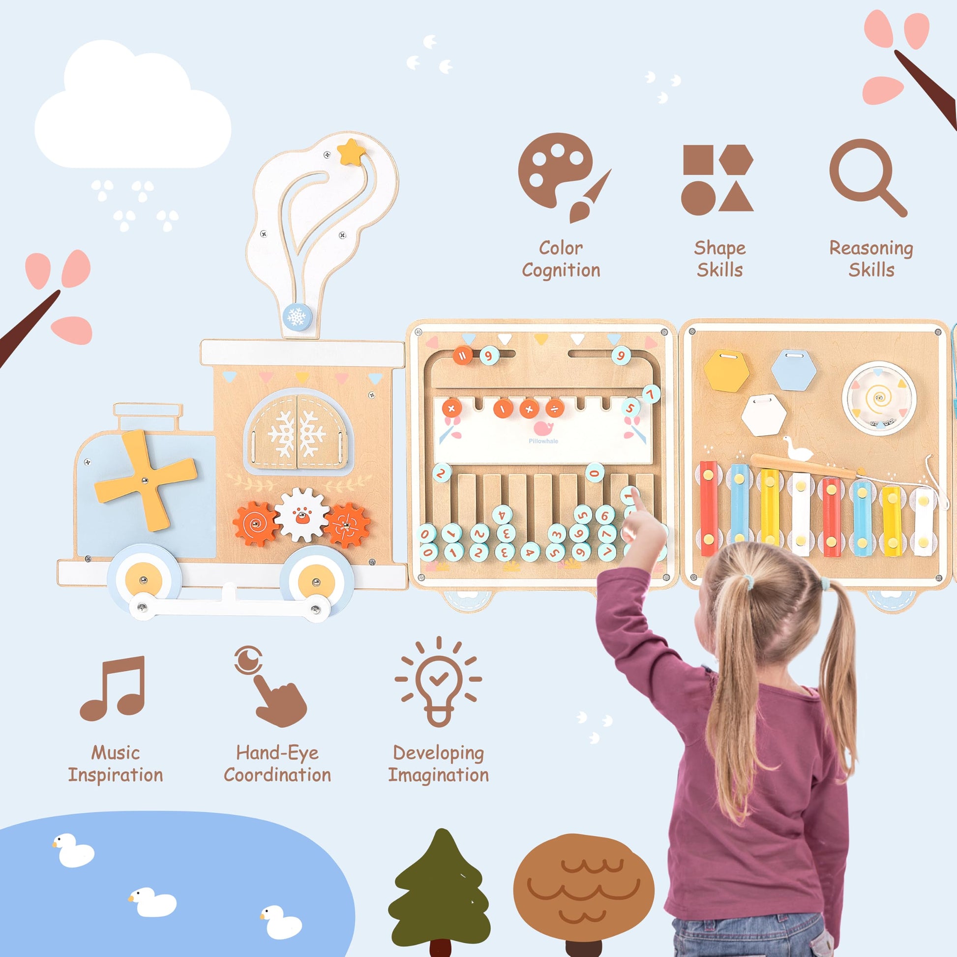 Pillowhale Train Activity Wall Busy Board, Wooden Montessori Sensory Toys, 12-in-1 Learning Activity Center for Playroom,Daycare, Nursery, Classroom