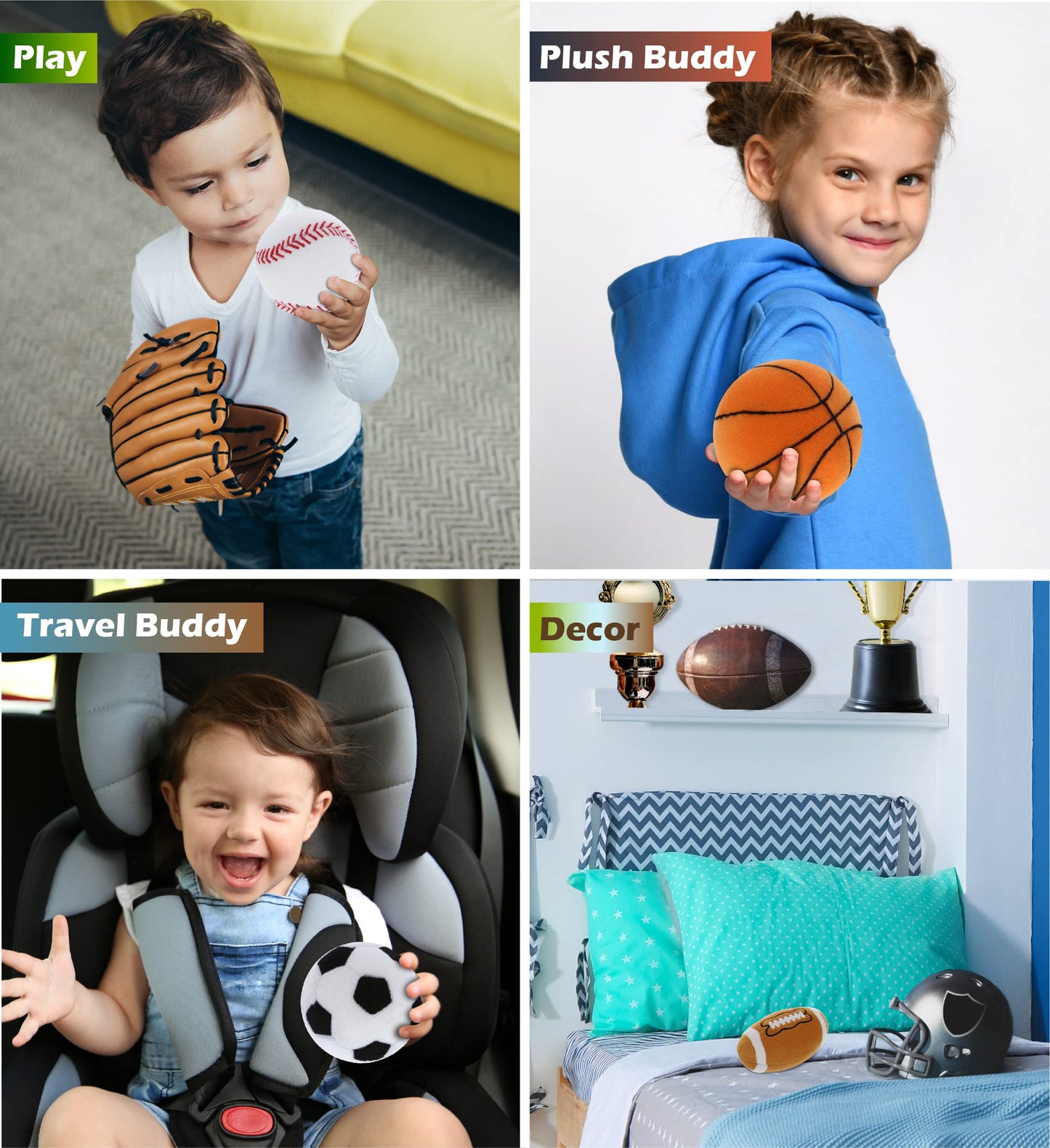 DolliBu Sports Balls Plush - Fluffy Soft Toys for Playing Catch With Kids, Squishy Playtime Toys for Girls and Boys, Stuffed Room Decor - 4 Pc Set