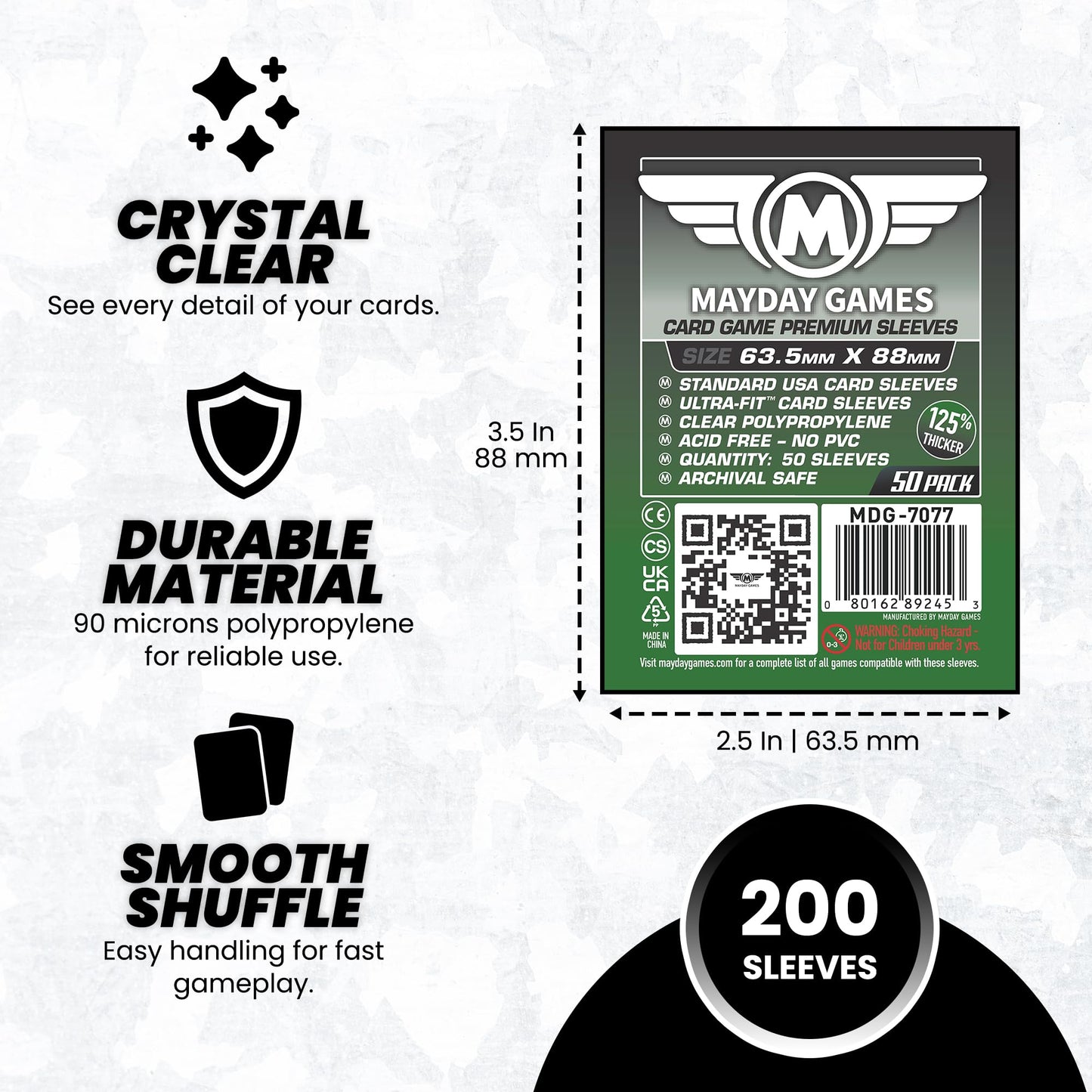 MayDay Games 63.5x88mm Card Sleeves Premium Bundle (4x50 Pack, 200 Sleeves) - 90 Micron Clear Polypropylene, Acid-Free & PVC-Free, Board Game Card