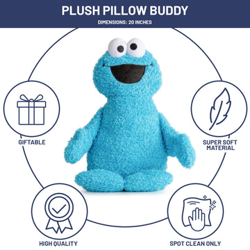 Jay Franco Sesame Street Plush Pillow Buddy - Soft Plushie Stuffed Pillow, 20 Inches, Blue - Cookie Monster