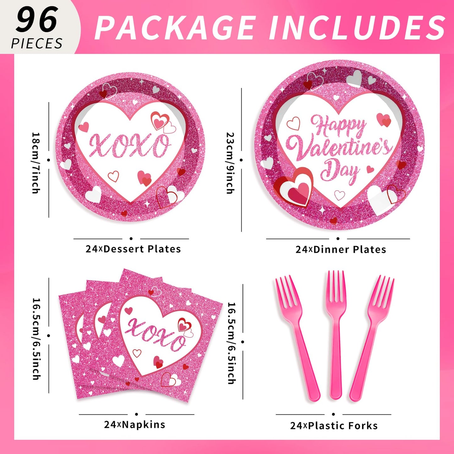 96Pcs Valentine's Day Paltes and Napkins Pink XOXO Plates and Napkins for Romantic Valentine's Day Party Decorations, Serves 24