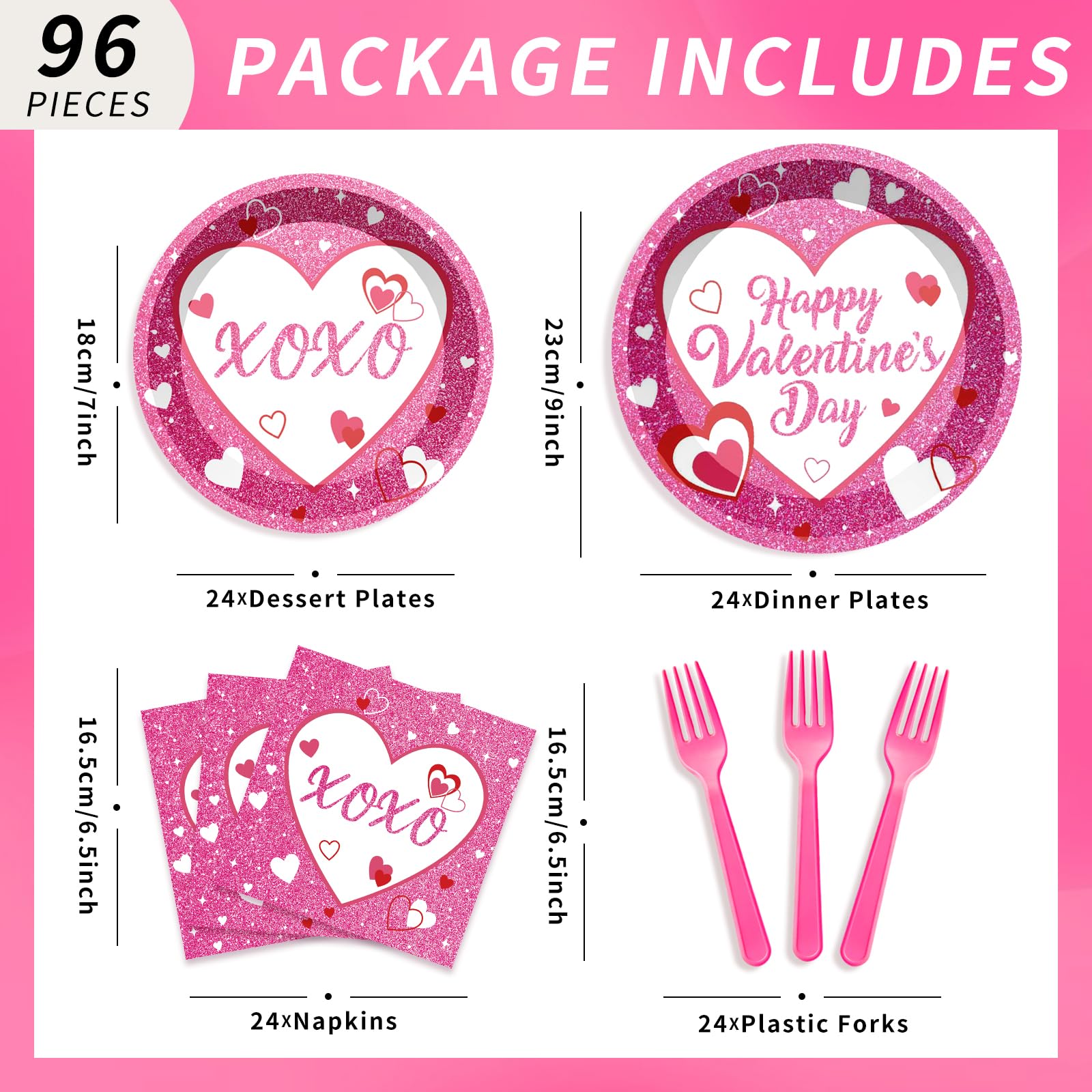 96Pcs Valentine's Day Paltes and Napkins Pink XOXO Plates and Napkins for Romantic Valentine's Day Party Decorations, Serves 24