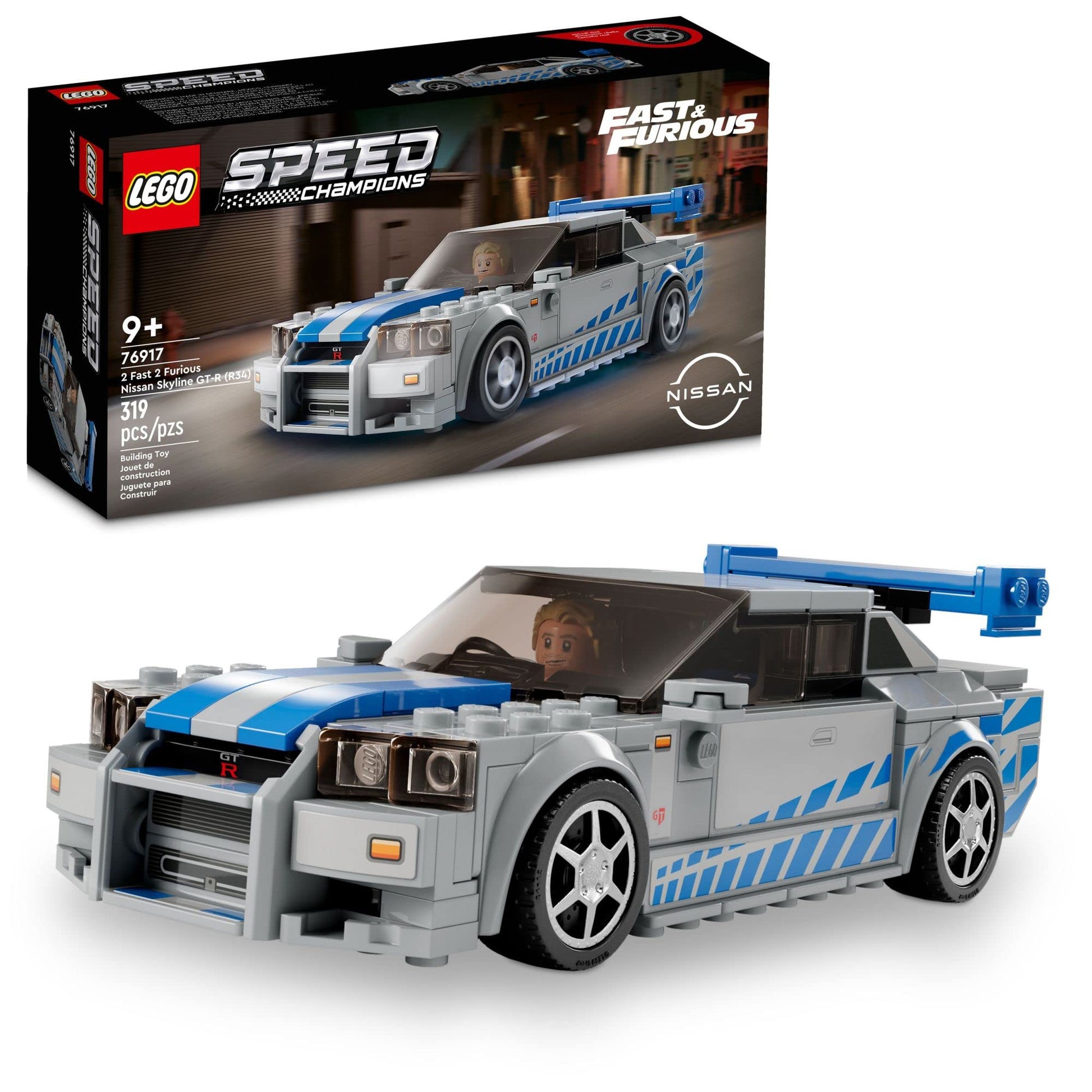LEGO Speed Champions 2 Fast 2 Furious Nissan Skyline GT-R (R34), Race Car Toy Model Building Kit, Collectible with Racer Minifigure, 2023 Set