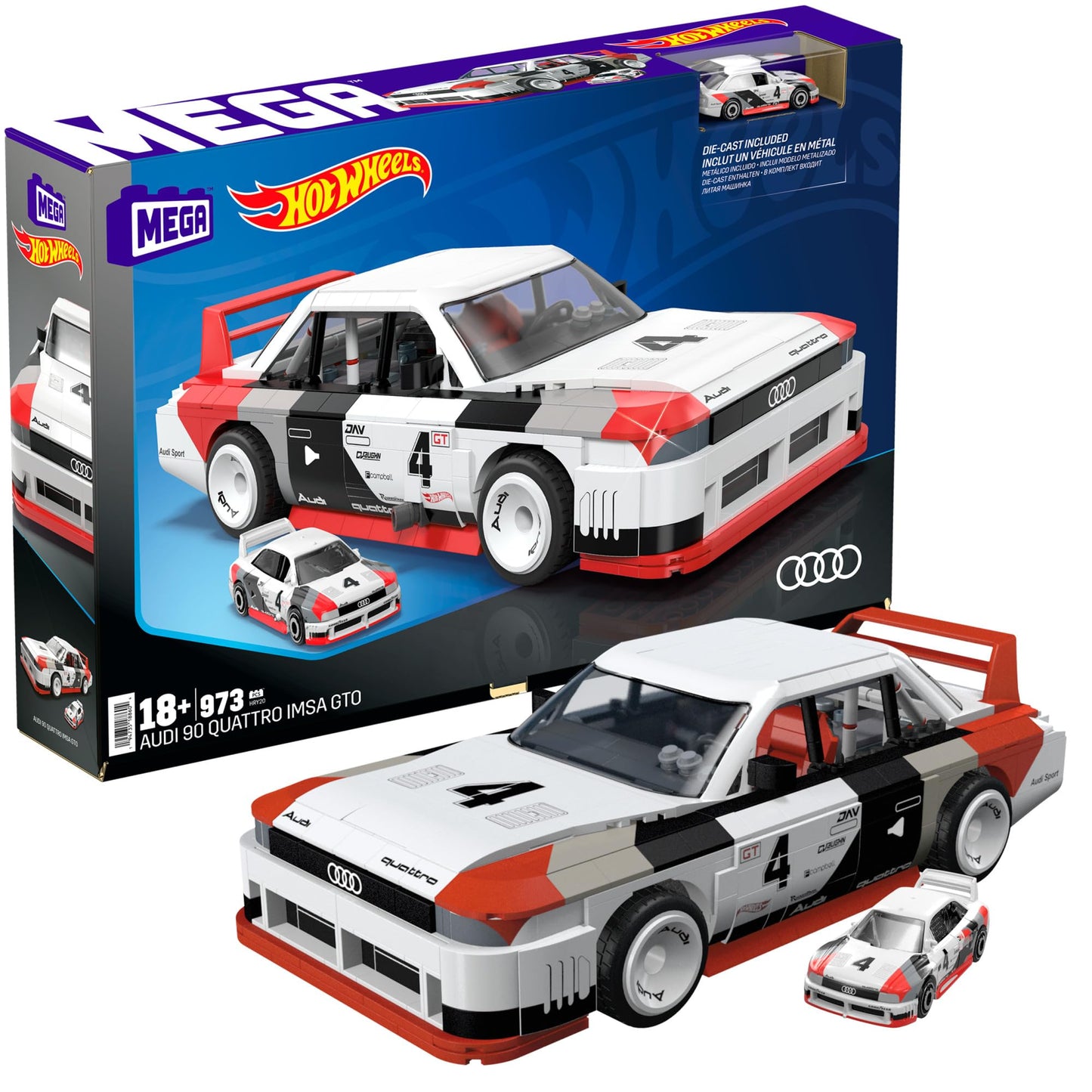 MEGA Hot Wheels Collectible Car Building Toy, Audi 90 Quattro IMSA GTO with 973 Pieces and Die-Cast Model, Build & Display Set for Collectors, Red