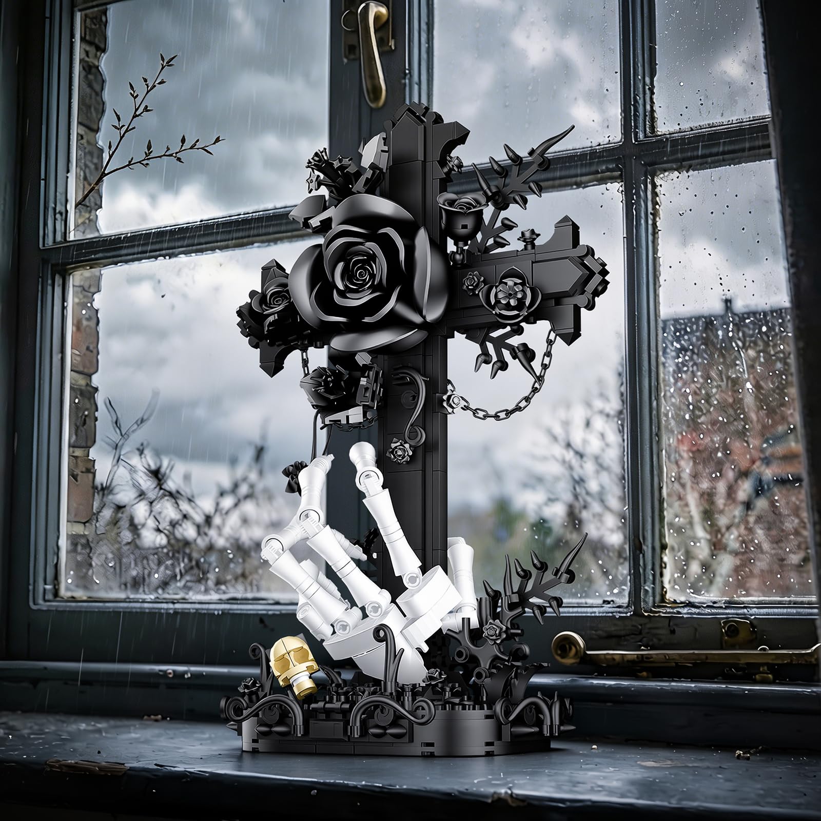 Tenhorses Gothic Cross Flower Building Set with Skull Hands, Crucifix Rose Skeleton Model, Dark Aesthetic Display Decor for Home Office, Halloween