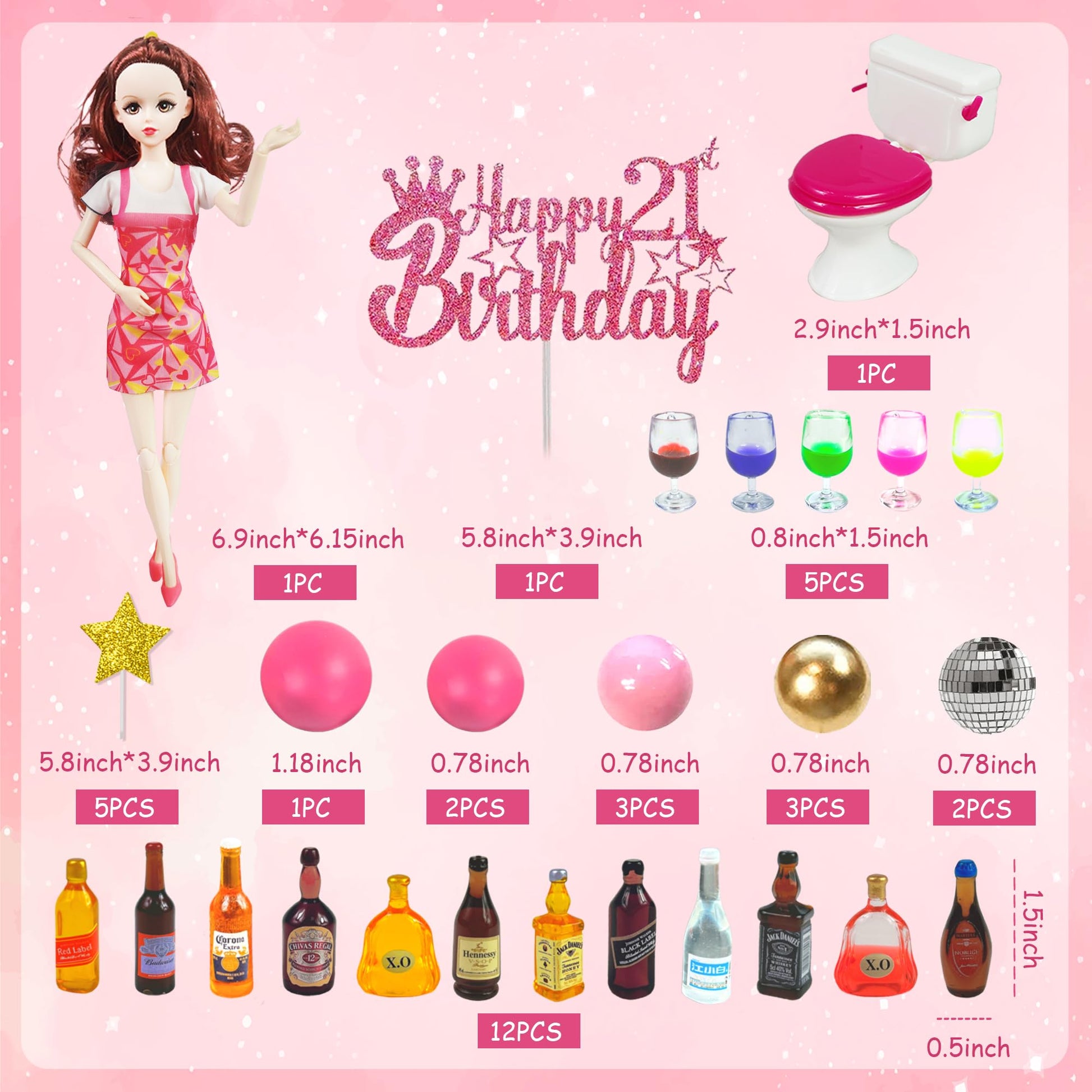 Mini Wine Bottles Cake Toppers With 12 Mini Wine Bottles 5 Mini Wine Glasses 1 Toilet 1 Beauty Doll 1 21st Birthday Cake Topper for Celebrating