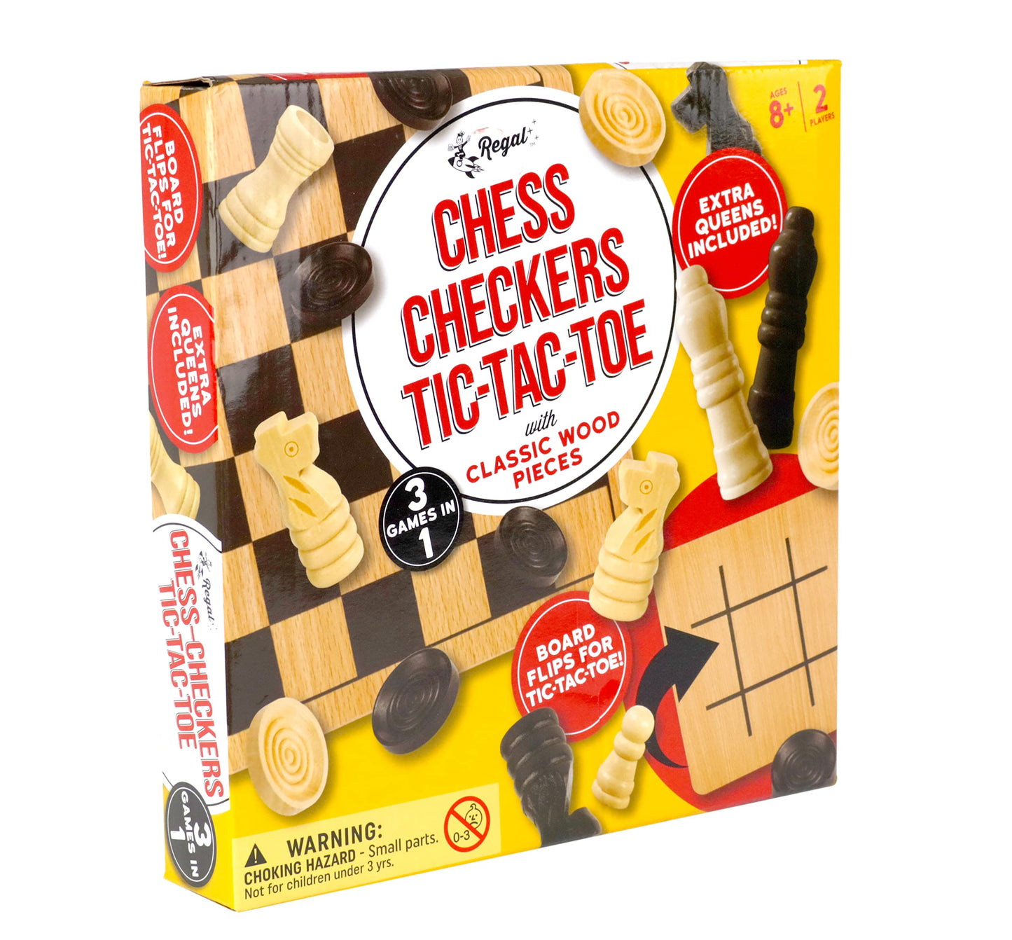 Regal Games - Reversible Wooden Board for Chess, Checkers & Tic-Tac-Toe - 24 Interlocking Wooden Checkers and 32 Standard Chess Pieces - for Age 8