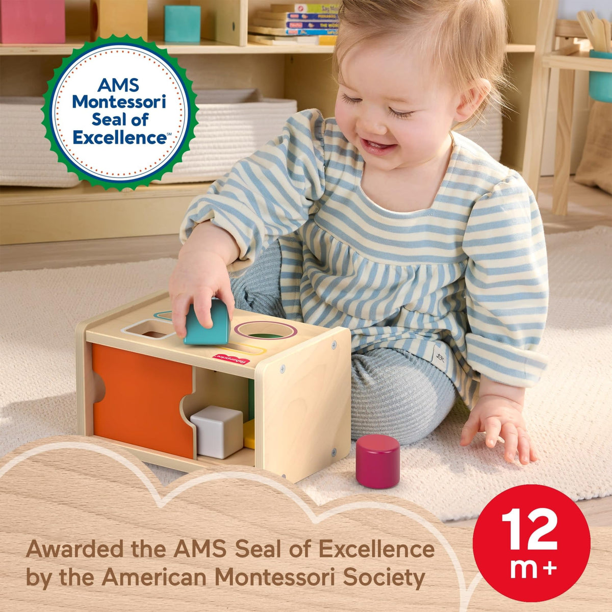Fisher-Price Wood Montessori Toy Object Permanence Box Sort & Find, American Montessori Society Seal of Excellence, Wooden Shape-Sorter Learning