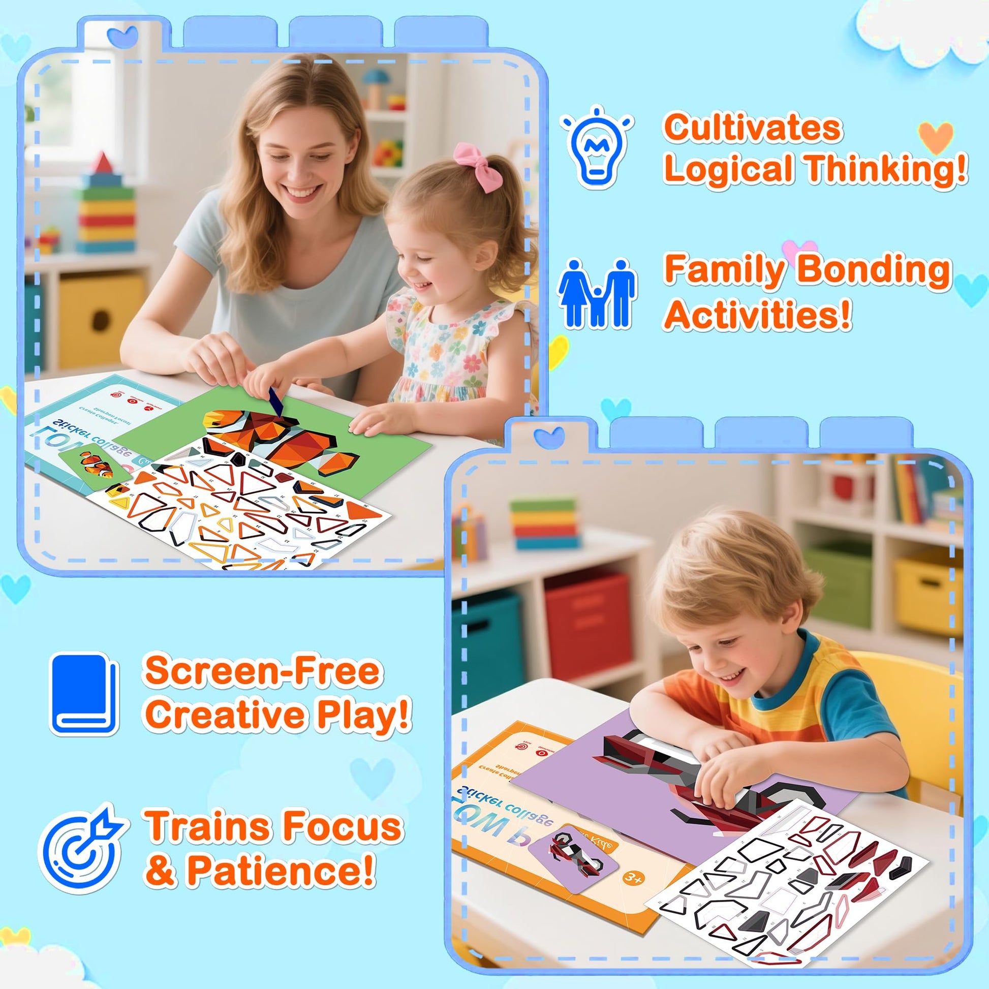 3 Packs in 1 Large Sticker Paint Books for Kids Ages 4-8, Create 24 Pictures, Perforated for Easy Tearing Vehicle & Princess & Animal, Sticker by