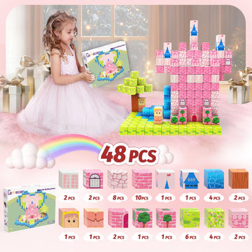 CEMECER Magnetic Blocks, 48PCS 1in Princess Magnetic Building Blocks Toy for Kids Build Cubes, Stacking Magnetic Tiles, Sensory Montessori