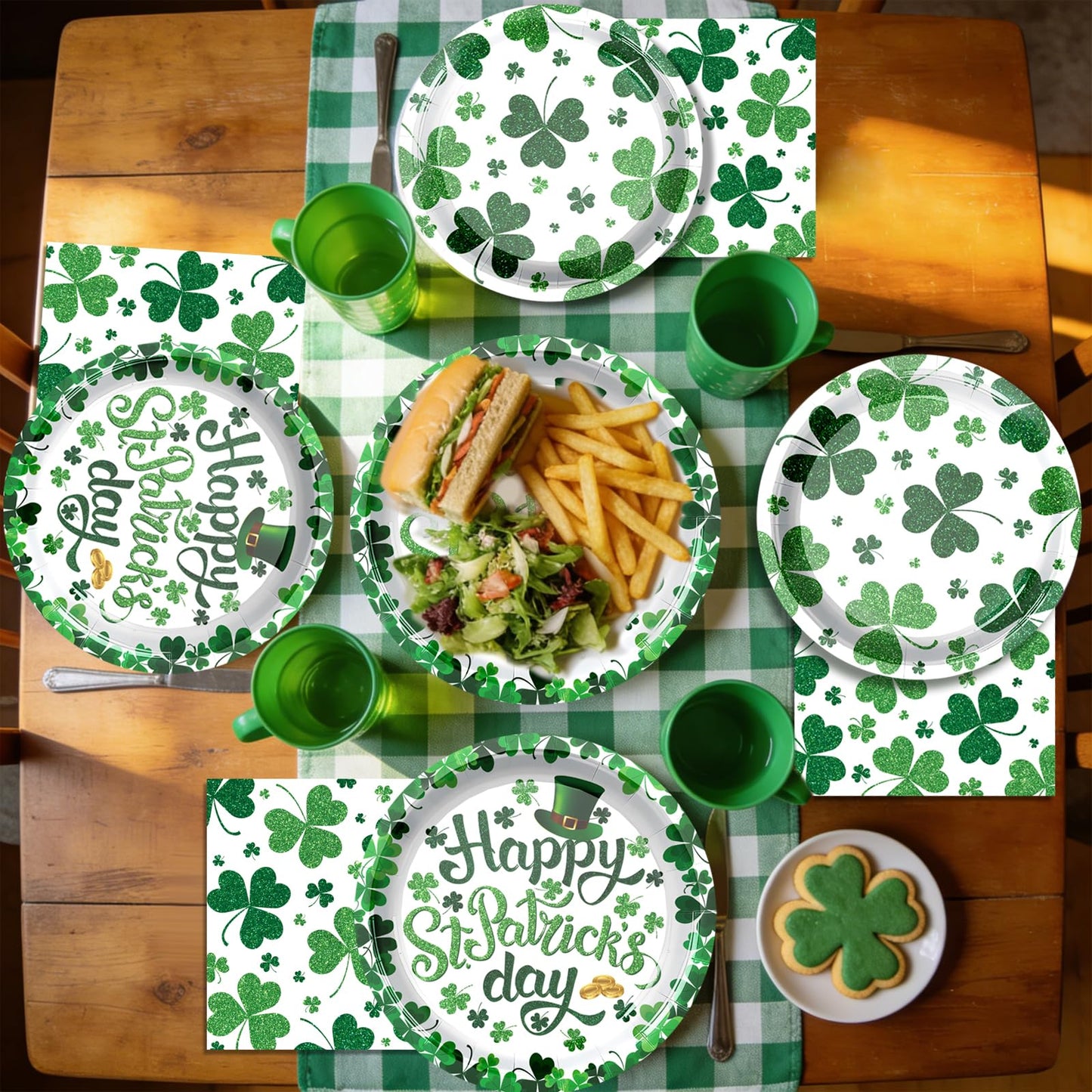 QDIRDEC St. Patrick's Day Paltes and Napkins Green Shamrocks Disposable Plates and Napkins for St Patrick's Day Green Irish Party Decorations, Serve