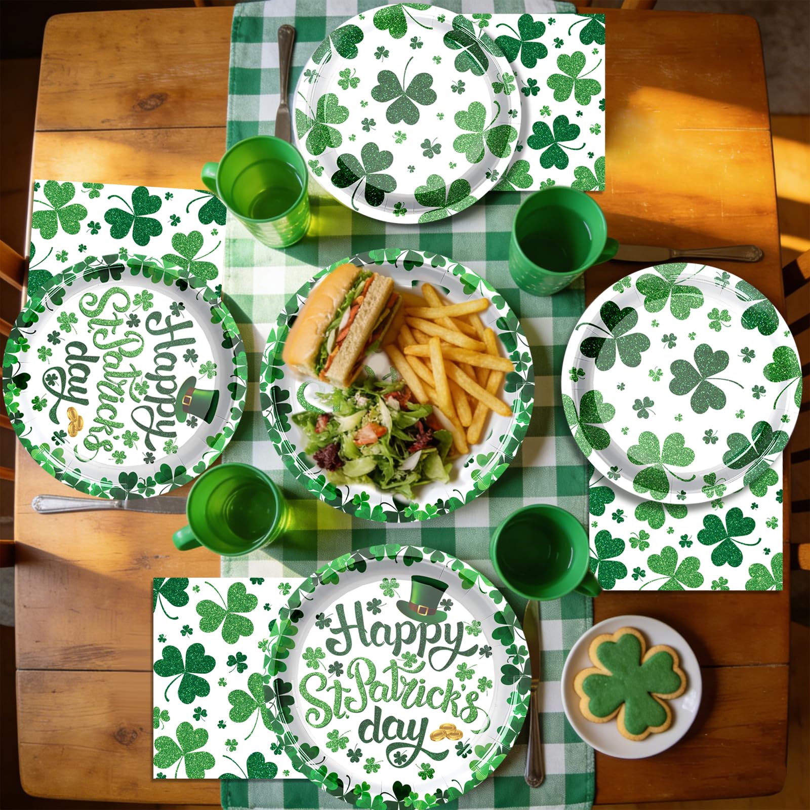 QDIRDEC St. Patrick's Day Paltes and Napkins Green Shamrocks Disposable Plates and Napkins for St Patrick's Day Green Irish Party Decorations, Serve