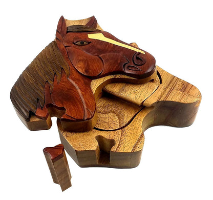 Oberstuff Mane Stay Horse Head All Natural Exotic Woods Puzzle Box, 4.75 X 4.5 X 2 with Sliding Wooden Key Lock, Sliding Cover and Inner Lid to Hidden