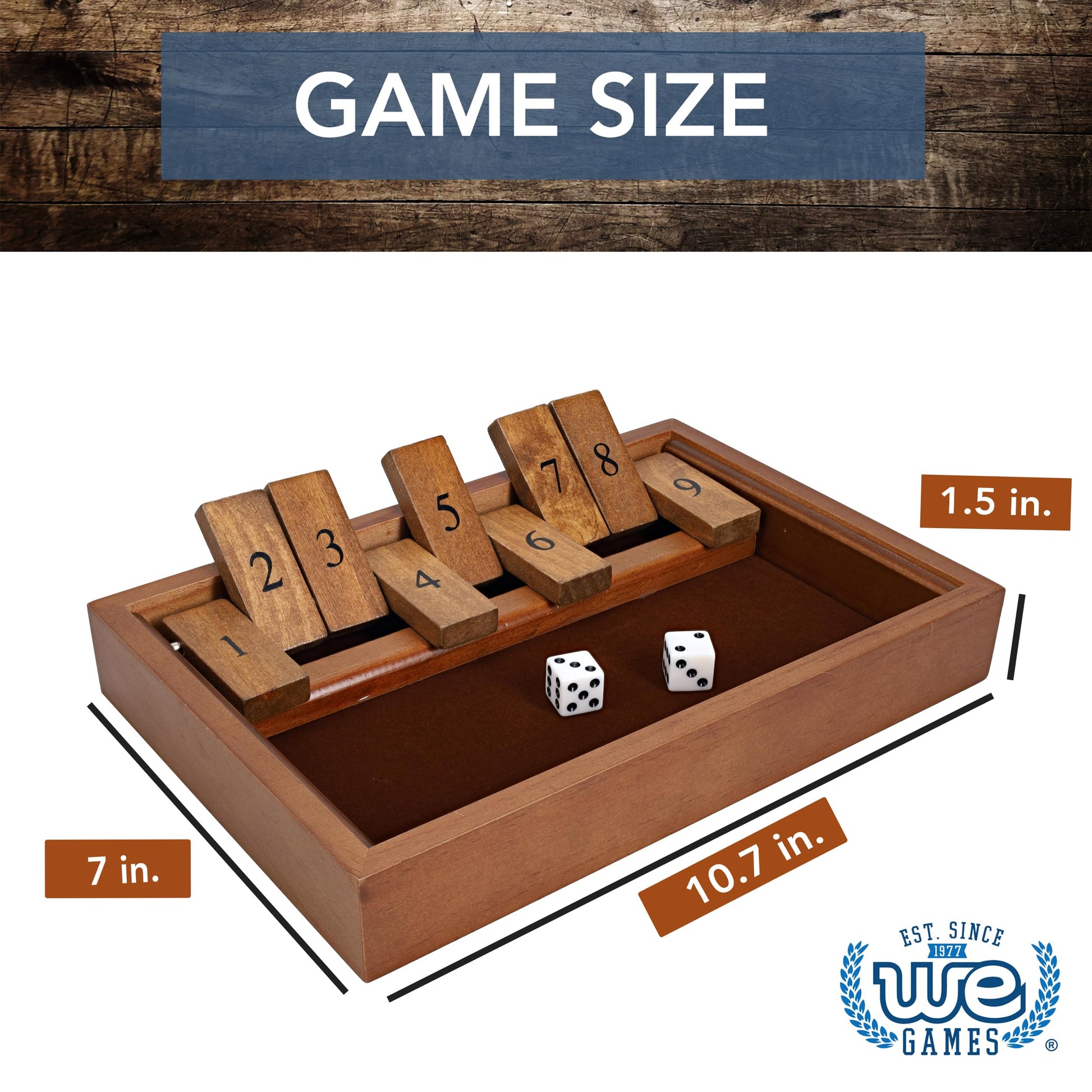 WE Games Shut the Box Game Wooden - 9 Number Flip Tiles with Dark Stained Wooden Box, Perfect for Game Night, Math Games, Clackers, Family Games
