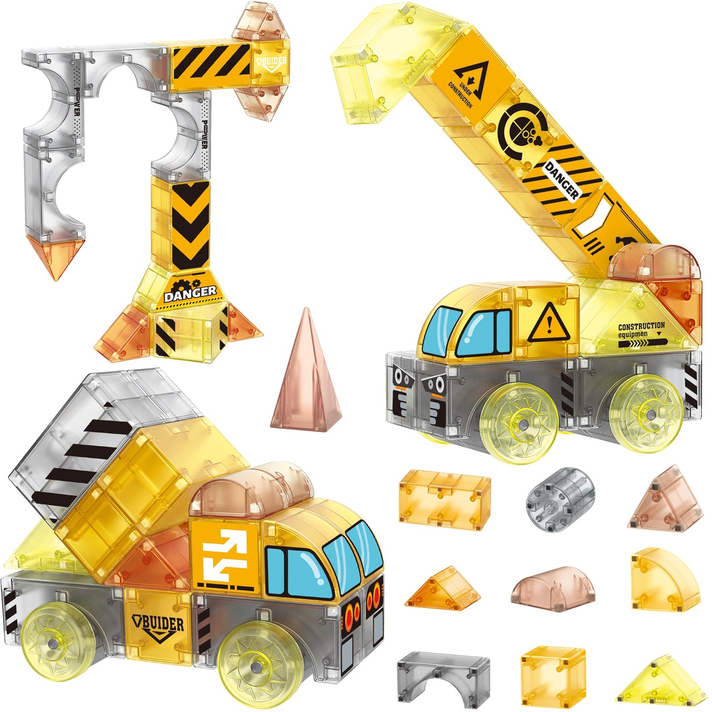 SHYMAGICRZ 74PCS Engineering Series Magnetic Tiles, Magnetic Construction Blocks - Build Excavator, Crane & Dump Truck, STEM Toys Gift Box for Ages