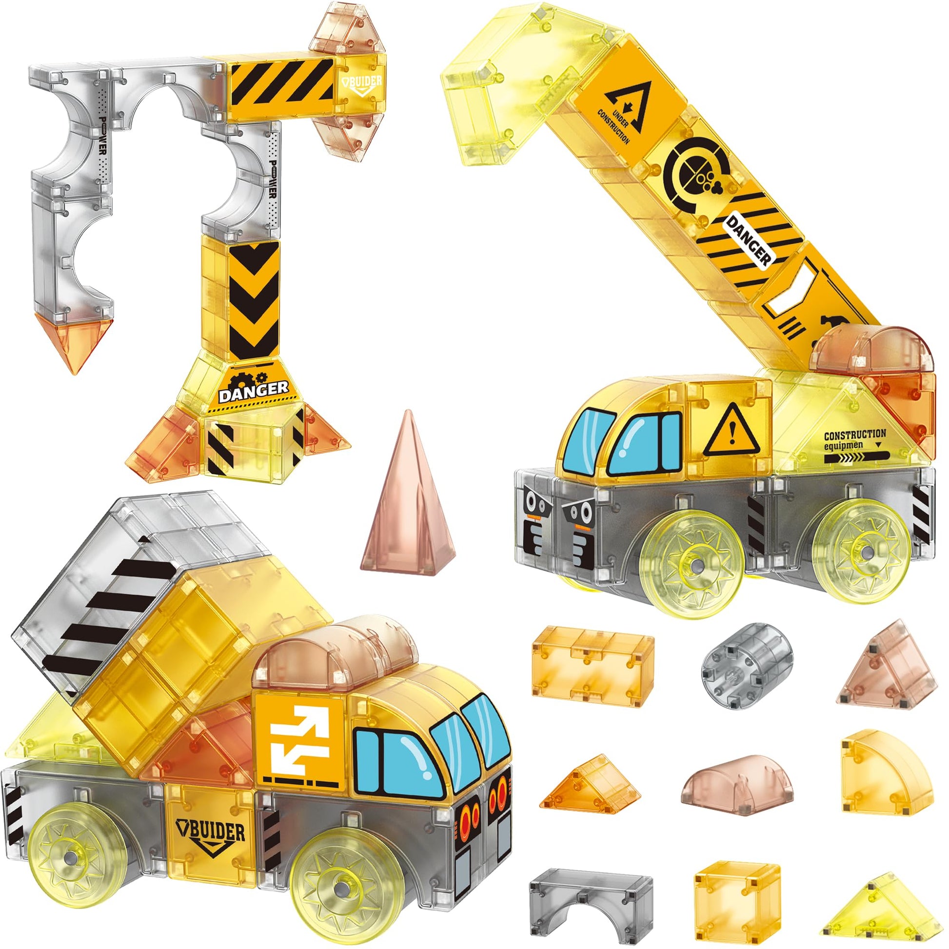 SHYMAGICRZ 74PCS Engineering Series Magnetic Tiles, Magnetic Construction Blocks - Build Excavator, Crane & Dump Truck, STEM Toys Gift Box for Ages