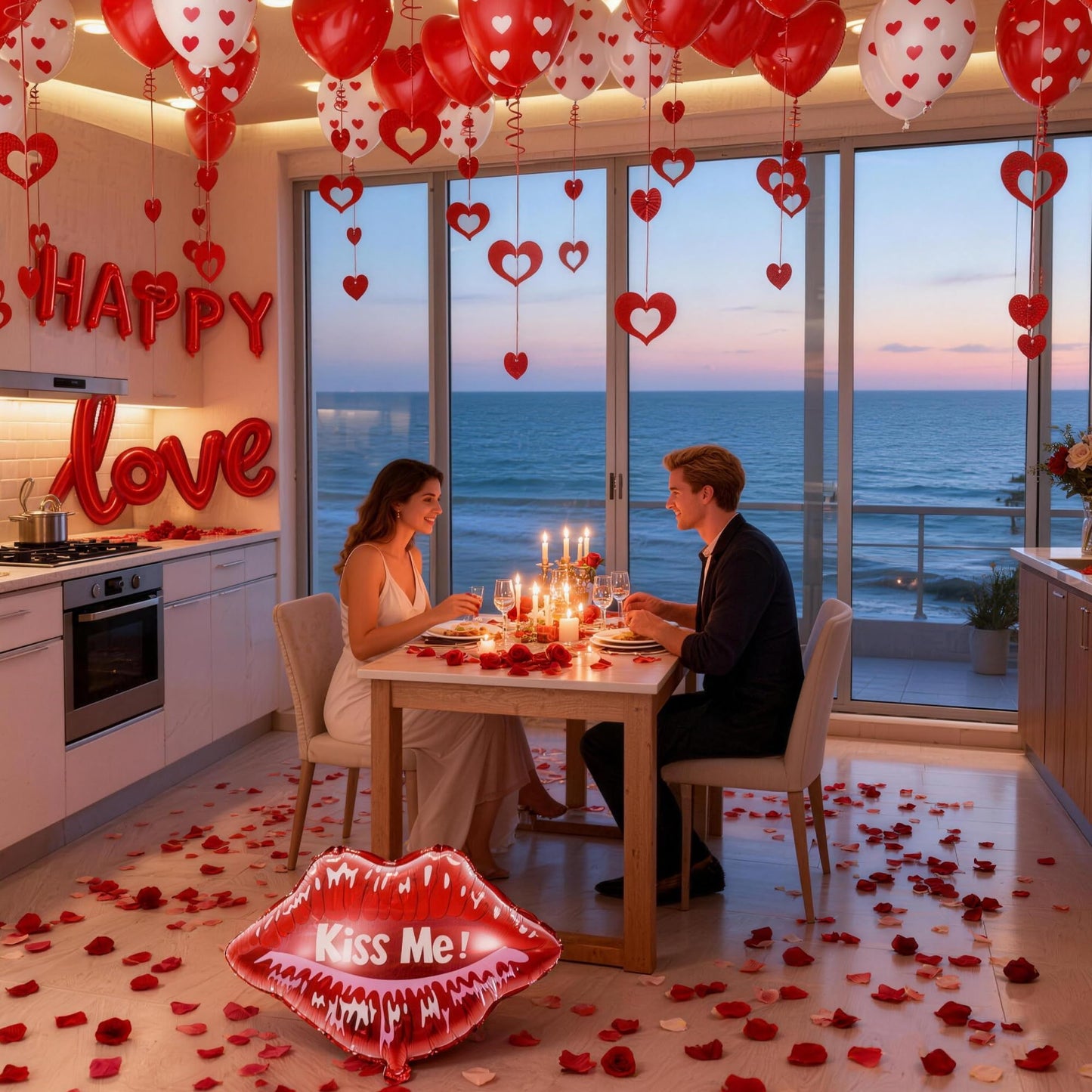 MAJUSTA Anniversary Decorations-Valentines Day Balloons with Heart Balloons,Happy Anniversary Banner,I love you balloons,Heart Hanging String,Red Rose