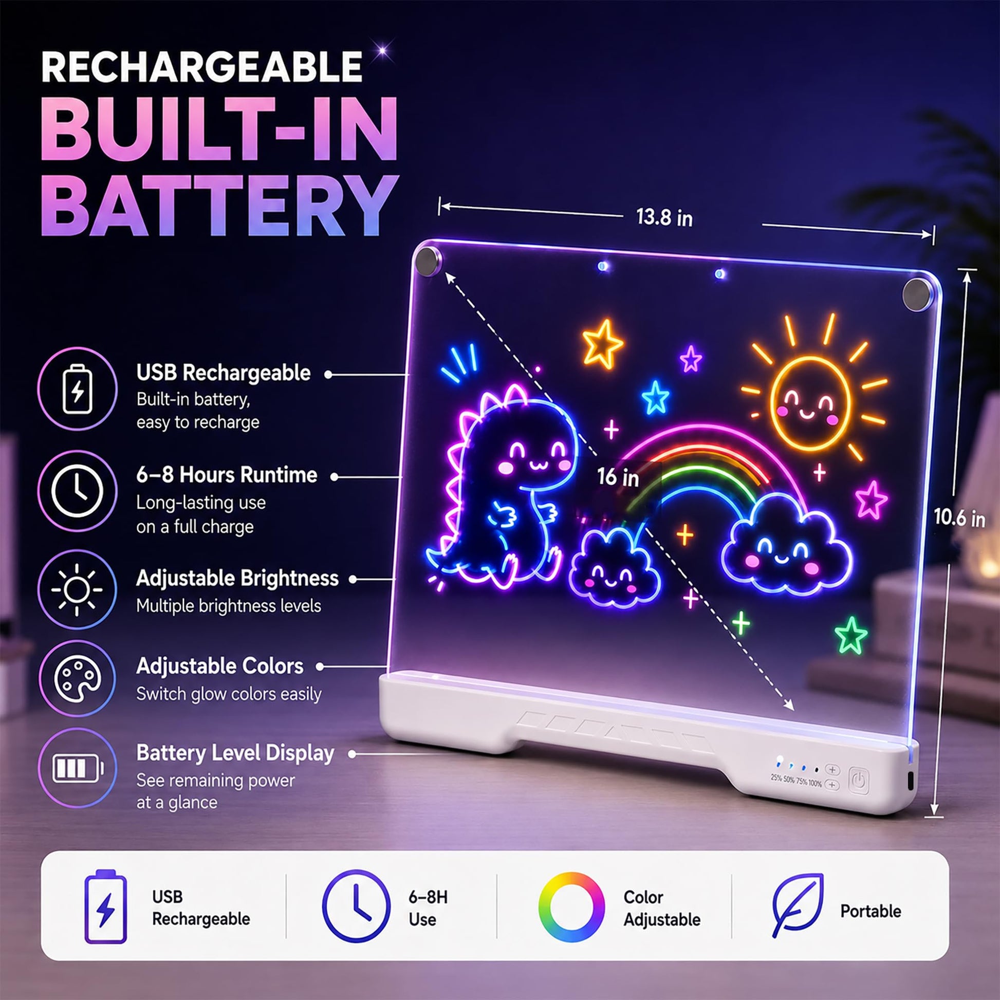 LED Drawing Board for Kids, 16-Inch Rechargeable Doodle Pad, 10 Color Modes,LED Note & Drawing Board, Birthday Gift for Girls Boys Teens