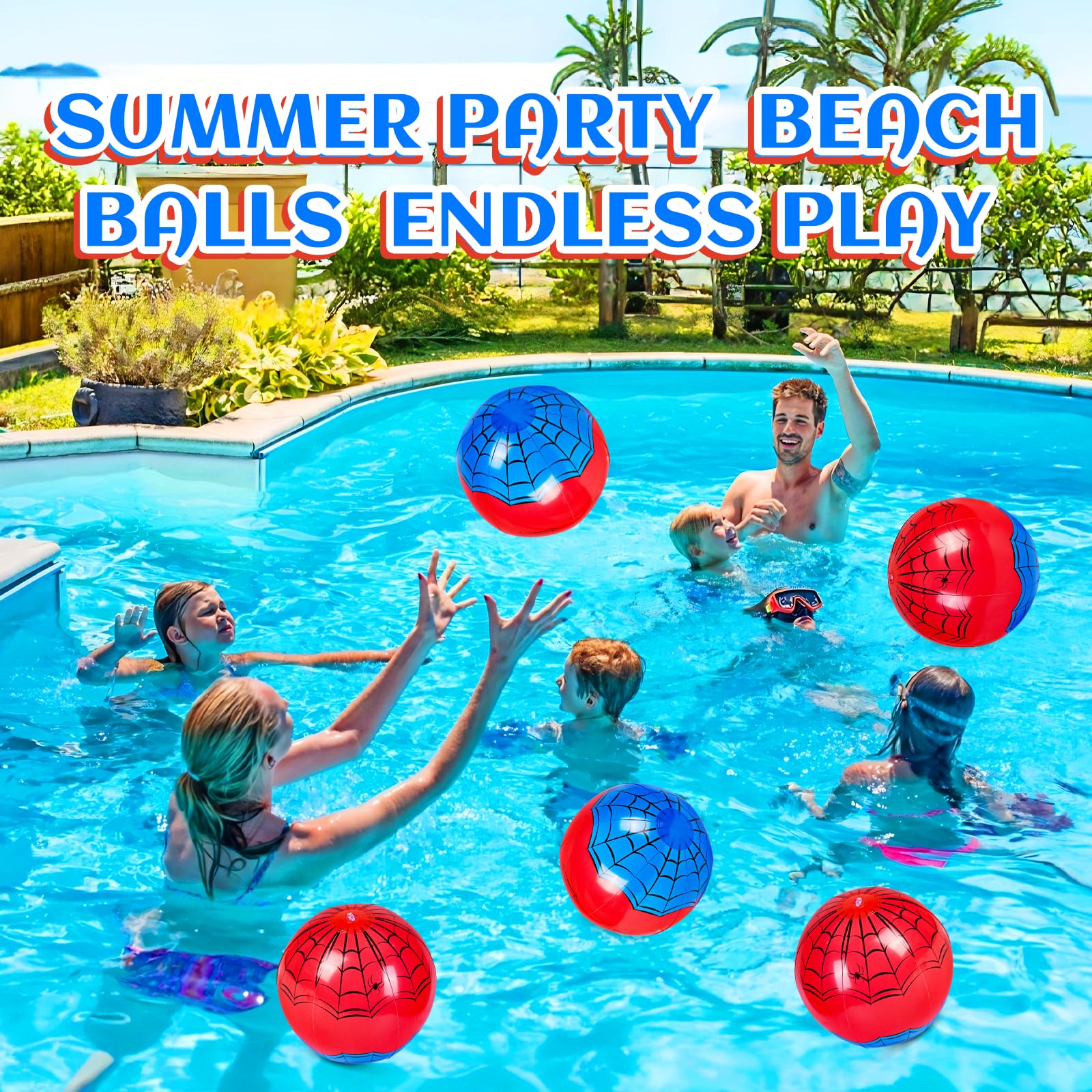 12 Pack Spider Theme Beach Ball - 9.84" Bulk Inflatable Beach Balls for Summer Water Games Pool Games, Blue and Red Spider Web Birthday Party
